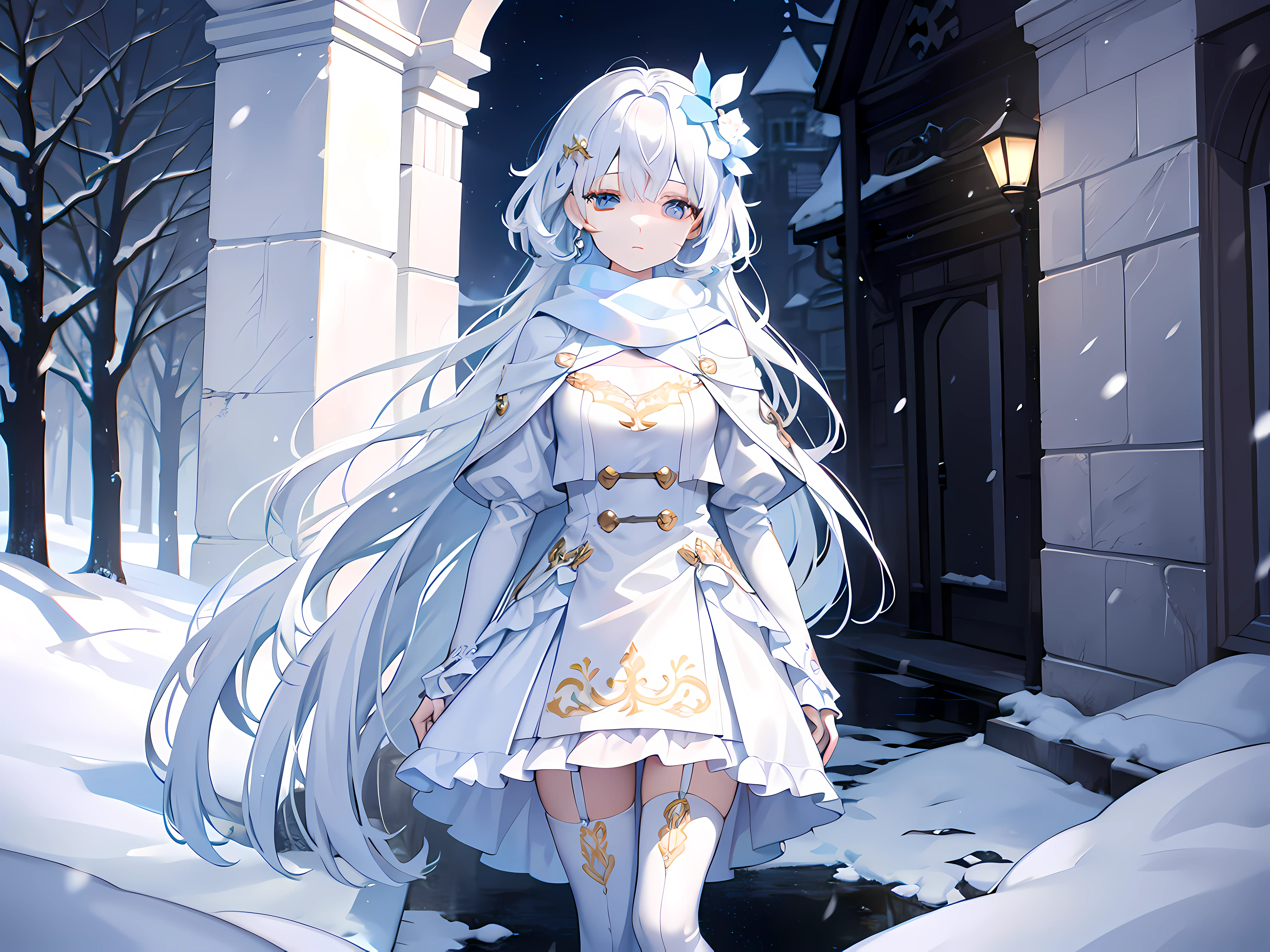 Light blue eyes，Princess cut，whitehair，White thigh boots，White gothic suit，White over-the-knee stockings，white bows，Full body like，Sweeped bangs，half closed eyes，Long white scarf，forests，Night，wintertime，杰作，4K，Award-winning photos，Extremely-Detailed，finely detailled，Highly detailed woman，The ，Extremely detailed eyes and face，to stand