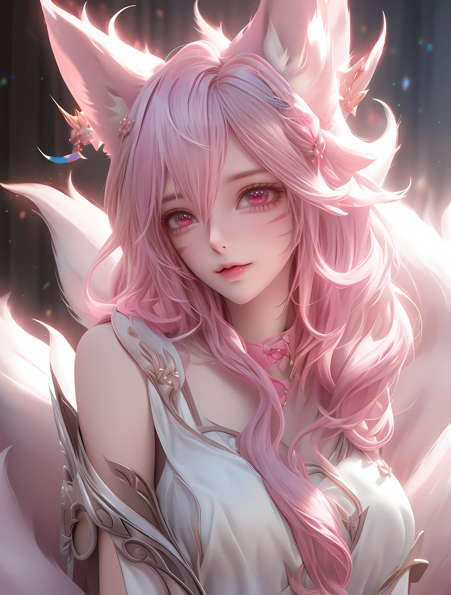 anime girl with pink hair and white dress with pink ears, beautiful anime catgirl, portrait of ahri, ahri, Extremely detailed Artgerm, Very beautiful anime cat girl, very beautiful cute catgirl, pink fox, ! dream artgerm, digital anime art, ahri from league of legends, Anime art wallpaper 8 K