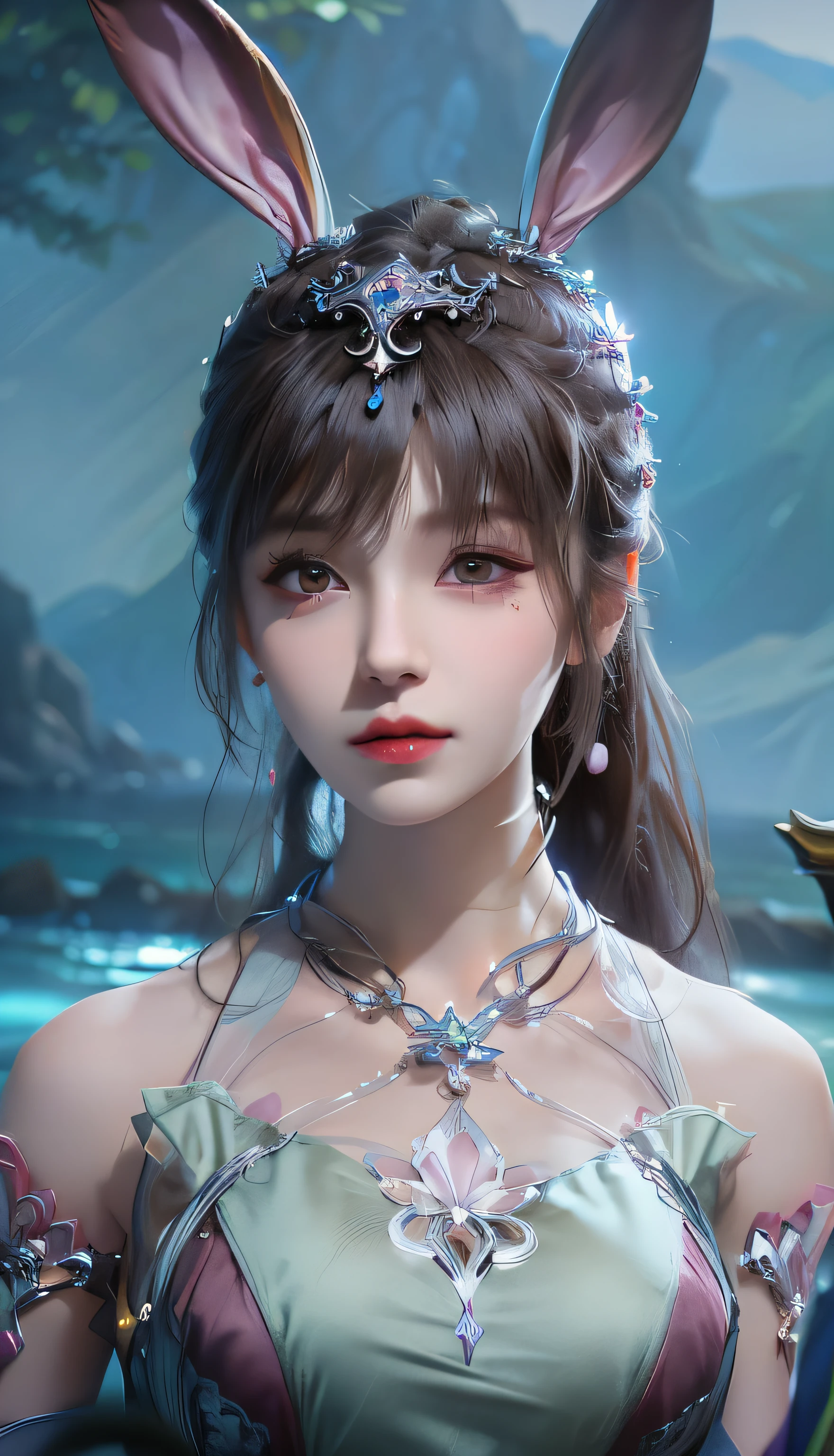 a close up of a woman with a bunny ear and a sword, queen of the sea mu yanling, portrait knights of zodiac girl, lineage 2 revolution style, Smooth anime CG art, Game CG, a beautiful fantasy empress, intricate ornate anime cgi style, drak, cinematic goddess close shot, anime goddess, Waifu, photorealistic anime girl rendering