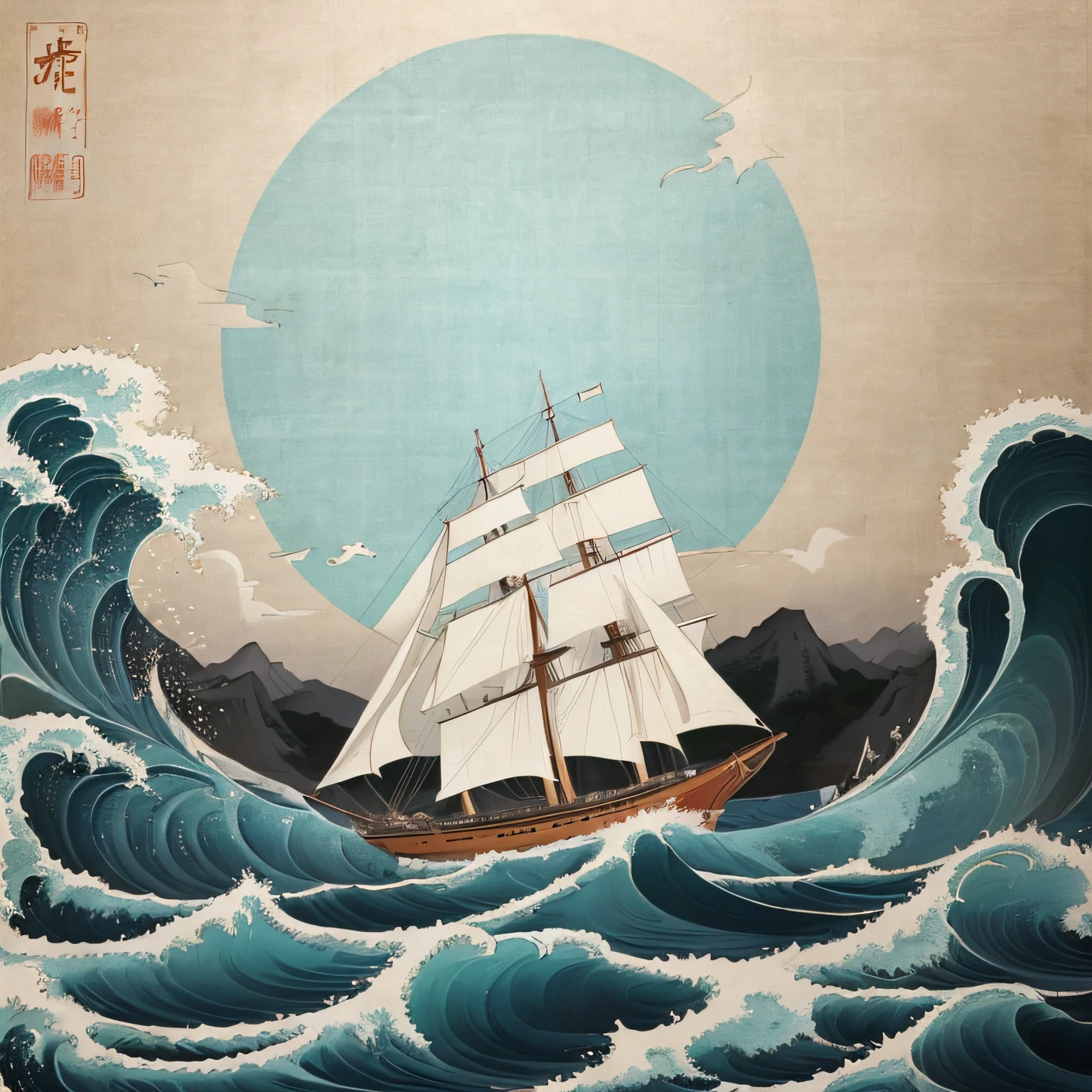 Chinese giant ancient sailing ship，Close up，Across the ocean，Set sail through the waves，In the visual style of Chinese painting，Light cyan and gold，white backdrop，Heads-up perspective，Waves with traditional patterns，Organic shapes and curves， --v6