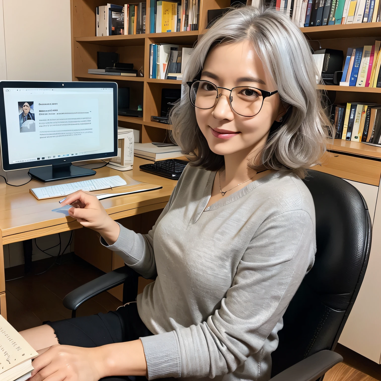 an midle aged asian woman (short wavy gray hair, glasses, wearing a shirts, closed mouth, Light smile) sitting on a chair and typing on computer on a desk, 50-year-old korean girl, professor, whole subject shown in photo, mature and little chubby woman, in study with lots of books, portrait of female university professor, mature and lovely korean face, studying, typing, looking at the computer monitor, sitting in a chair, Portrait of Korean mature Female at a study filled with lots of books, computer on the desk and a big bookshelves filled with many books in the background,