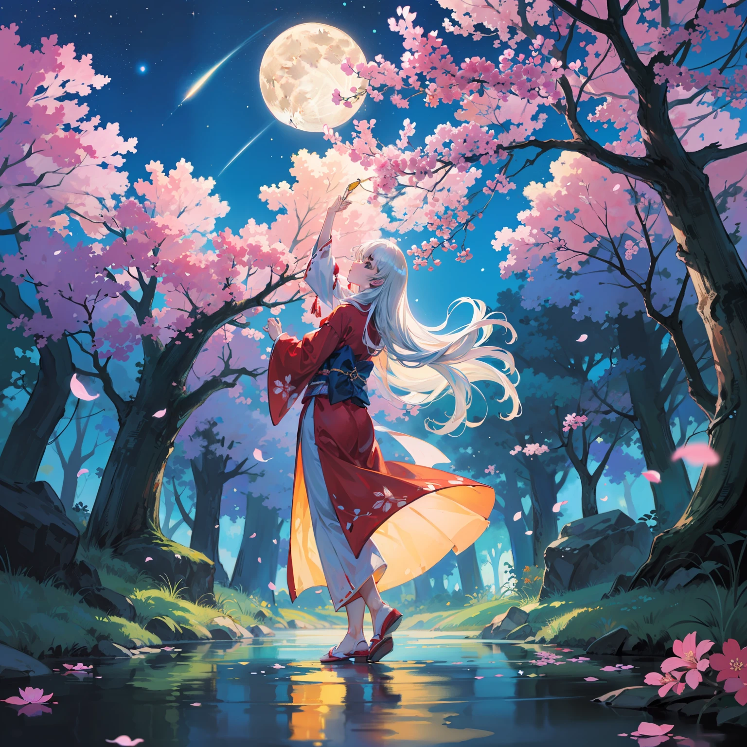 Open landscape , Landscape , Panorama shot , (Looking up, Looking down), Shrine maiden looking up, (Full moon: 1. 2), (Shooting star: 0. 9), (Nebula: 1. 3), Starry sky, Shining lantern, Fantastic cherry blossom tree, Trees, (Warm light source: 1. 2), (Firefly: 1. 2), Lamp 3), Starry sky, Torii gate, (Warm light source: 1. 2), ( (Firefly: 1. 2), Lamp, Orange and Blue Fine Detail, (Masterpiece: 1. 2), (Best Quality), 4k, Ultra Fine Detail, (Dynamic Composite: 1. 2), (Best Quality), Lamp, Orange and Blue Voluminous Lighting Main Fine Detail BREAK ((Masterpiece: 1.2), (Best Quality), 4k, Ultra Fine Detail, (Dynamic Composite: 1.4), Very Fine Detail, Colorful Detail, (Iridescent: 1. 2), (Luminous Lighting, Ambient Lighting), Dream like ( Ambient Lighting), dreamy, fantastic, (Solo: 1.2), sparkling, petals dancing, dancing light, white hair, beautiful hair, long hair, dancing hair, back view, puddle, dynamic pose, priestess outfit, priestess, red kimono
