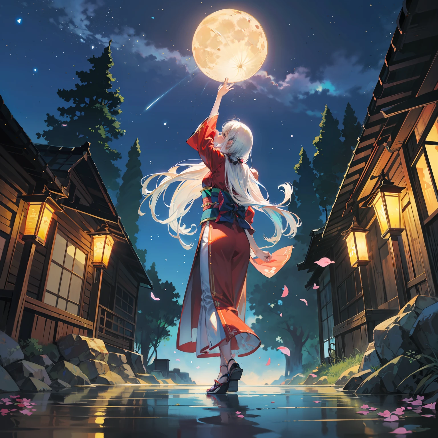 Open landscape , Landscape , Panorama shot , (Looking up, Looking down), Shrine maiden looking up, (Full moon: 1. 2), (Shooting star: 0. 9), (Nebula: 1. 3), Starry sky, Shining lantern, Fantastic cherry blossom tree, Trees, (Warm light source: 1. 2), (Firefly: 1. 2), Lamp 3), Starry sky, Torii gate, (Warm light source: 1. 2), ( (Firefly: 1. 2), Lamp, Orange and Blue Fine Detail, (Masterpiece: 1. 2), (Best Quality), 4k, Ultra Fine Detail, (Dynamic Composite: 1. 2), (Best Quality), Lamp, Orange and Blue Voluminous Lighting Main Fine Detail BREAK ((Masterpiece: 1.2), (Best Quality), 4k, Ultra Fine Detail, (Dynamic Composite: 1.4), Very Fine Detail, Colorful Detail, (Iridescent: 1. 2), (Luminous Lighting, Ambient Lighting), Dream like ( Ambient Lighting), dreamy, fantastic, (Solo: 1.2), sparkling, petals dancing, dancing light, white hair, beautiful hair, long hair, dancing hair, back view, puddle, dynamic pose, priestess outfit, priestess, red kimono