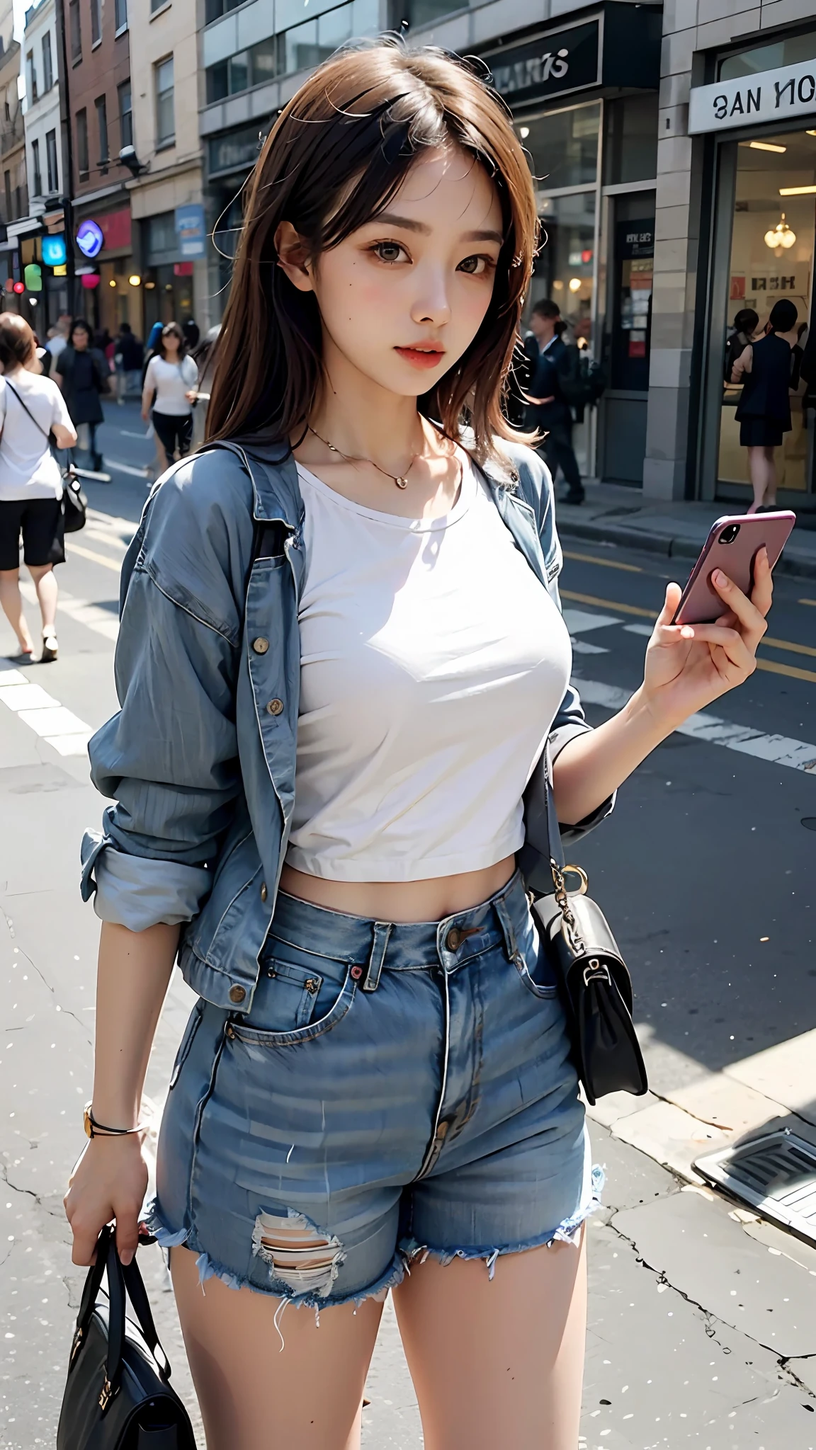 Beautiful woman, fiddling with cell phone in the middle of the street, short clothes
