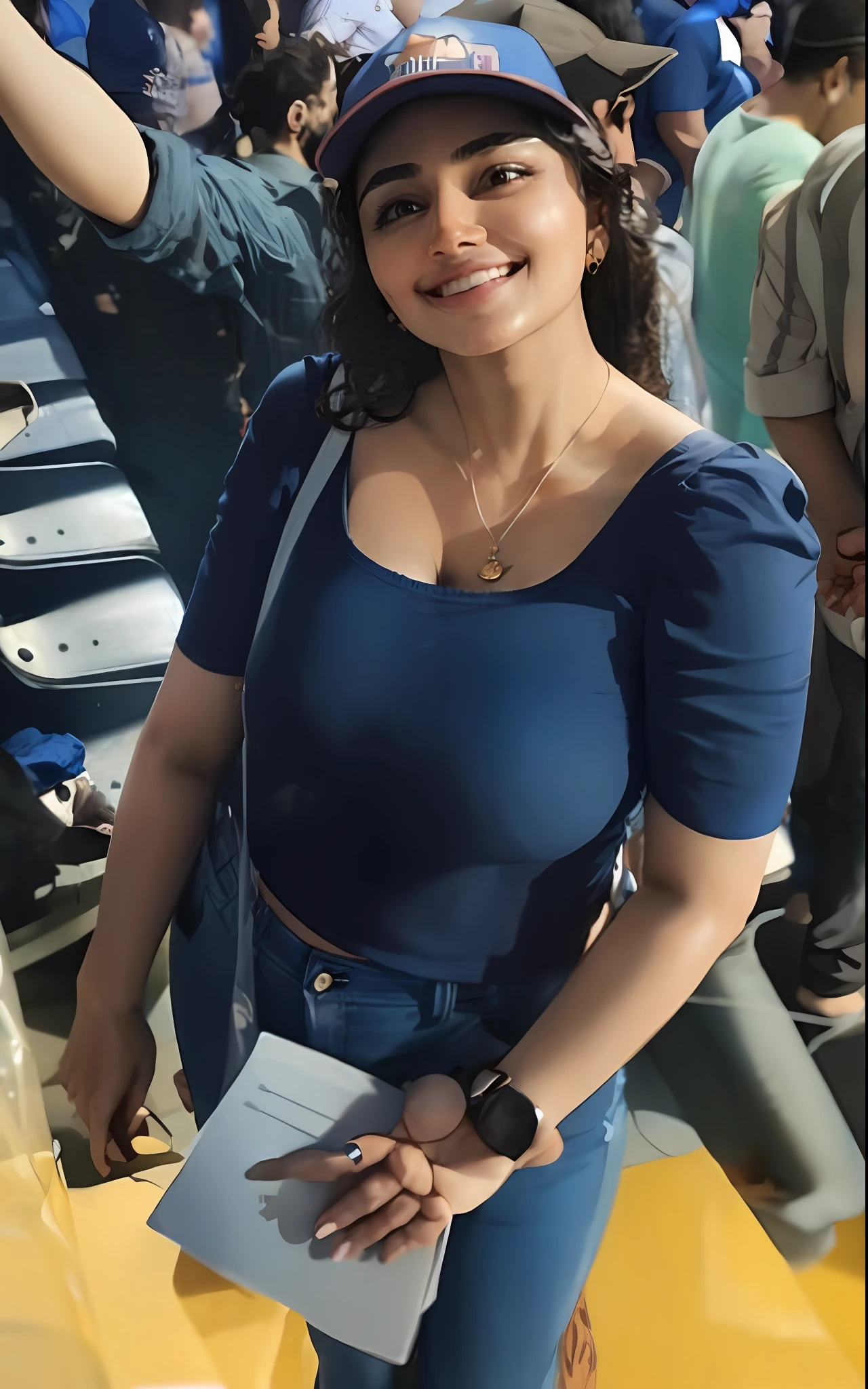Anupama in a ((blue transparent shirt)) and jeans standing in a stadium, profile image, ((very big boobs, deep cleavage)), 8k, highly detailed skin, glowing body, (transparent top), black bra visible