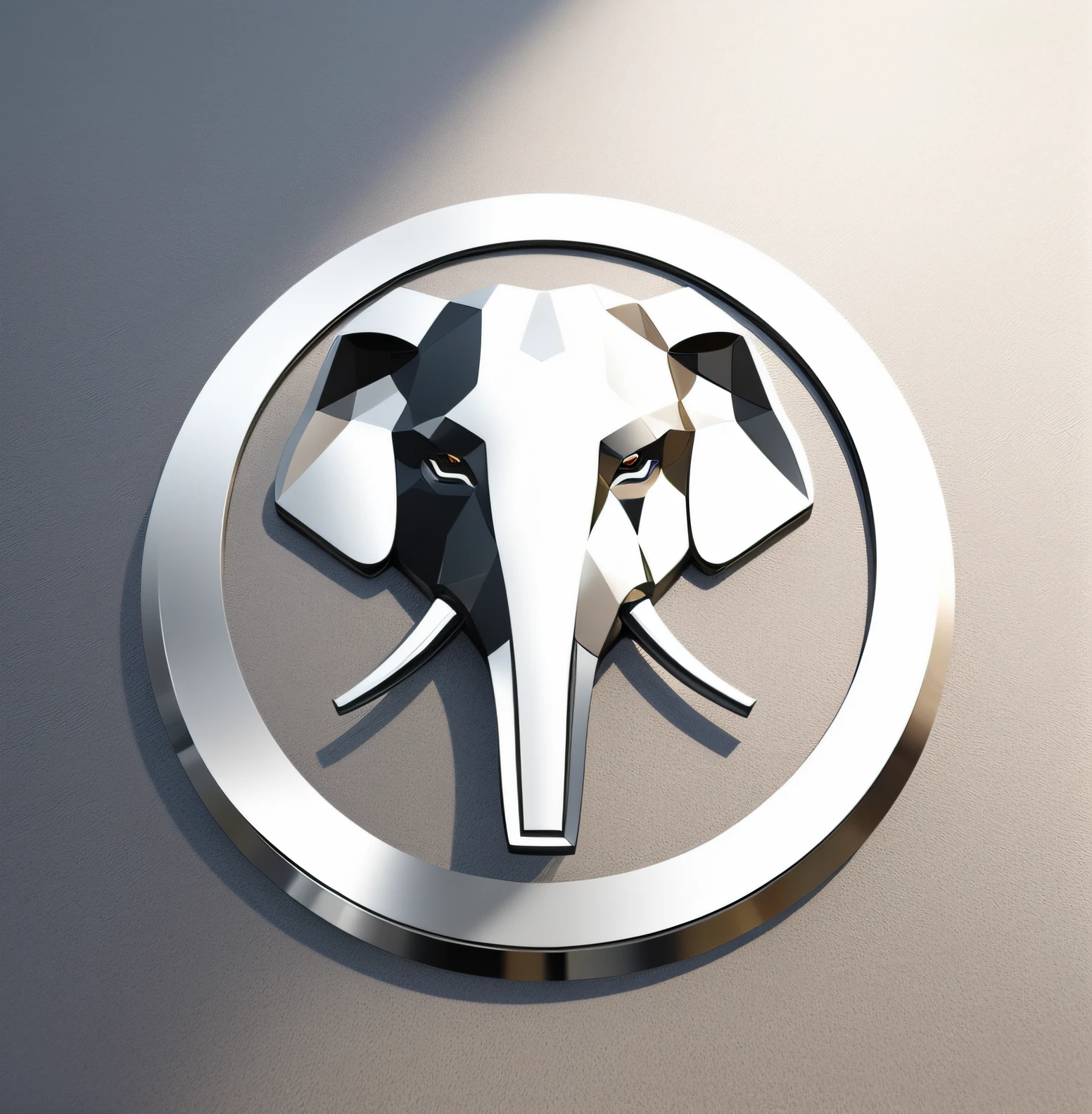 Simple elephant head emblem, Polygon Design、stylish design, ((Three-dimensional)), elephant head seen from the front, 。.。.3D, Metal, plated, like the emblem of DODGE, automobile emblem, (Black background), Nothing in the background,
