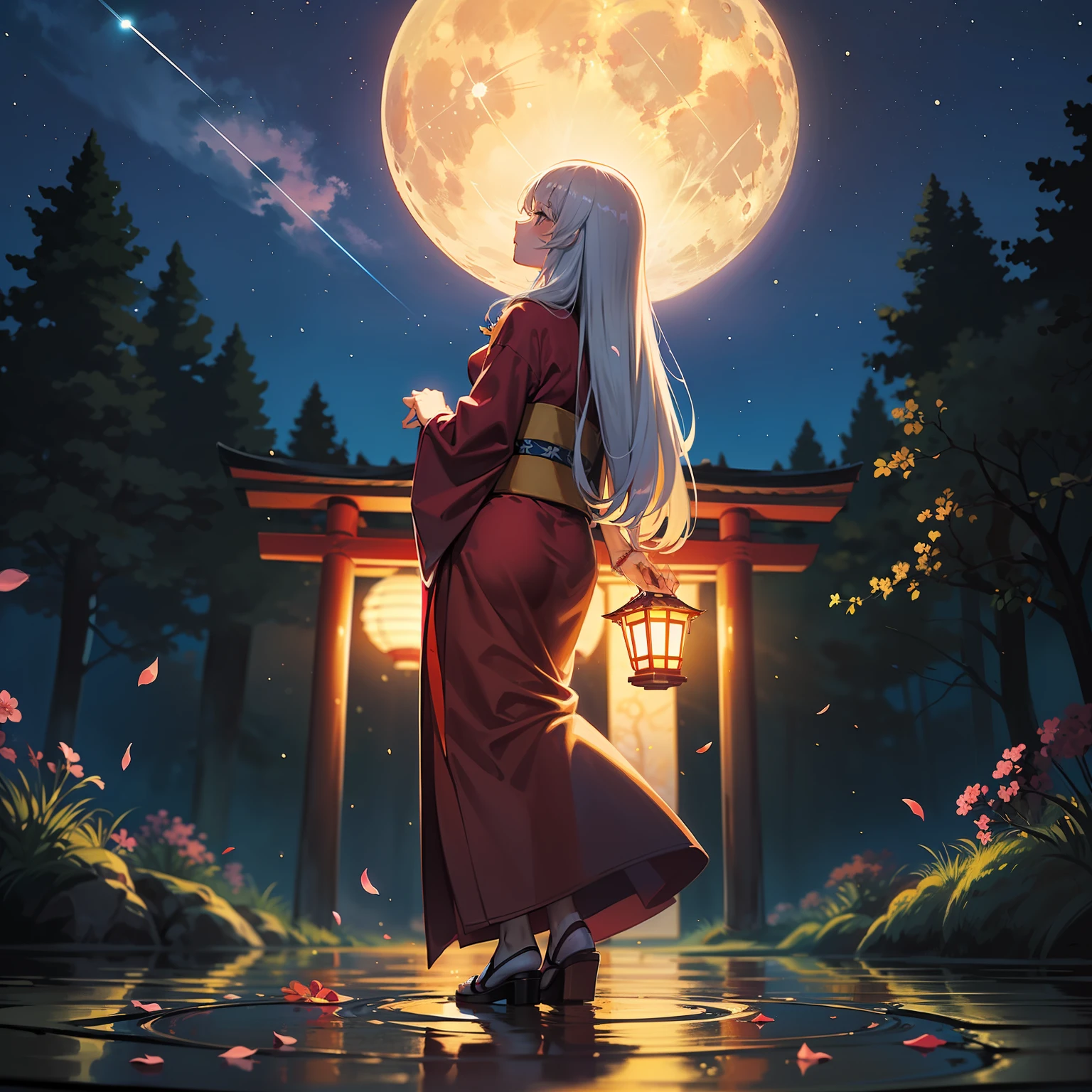 Open landscape , Landscape , Panorama shot , (Looking up, Looking down), Shrine maiden looking up, (Full moon: 1. 2), (Shooting star: 0. 9), (Nebula: 1. 3), Starry sky, Shining lantern, Fantastic cherry blossom tree, Trees, (Warm light source: 1. 2), (Firefly: 1. 2), Lamp 3), Starry sky, Torii gate, (Warm light source: 1. 2), ( (Firefly: 1. 2), Lamp, Orange and Blue Fine Detail, (Masterpiece: 1. 2), (Best Quality), 4k, Ultra Fine Detail, (Dynamic Composite: 1. 2), (Best Quality), Lamp, Orange and Blue Voluminous Lighting Main Fine Detail BREAK ((Masterpiece: 1.2), (Best Quality), 4k, Ultra Fine Detail, (Dynamic Composite: 1.4), Very Fine Detail, Colorful Detail, (Iridescent: 1. 2), (Luminous Lighting, Ambient Lighting), Dream like ( Ambient Lighting), dreamy, fantastic, (Solo: 1.2), sparkling, petals dancing, dancing light, white hair, beautiful hair, long hair, dancing hair, back view, puddle, dynamic pose, priestess outfit, priestess, red kimono