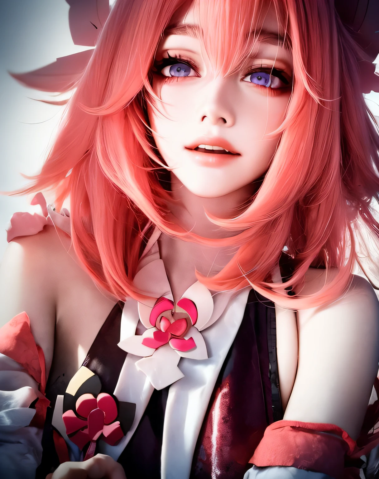 There is a woman with Beethoven-style pink hair and a black shirt, with pink hair, flowing pink hair, Pink hair, portrait of jossi of blackpink, Light pink hair, faded pink, cute girl with short pink hair, rose hair, pink pastels, pink hue, Anime style mixed with Fujifilm, jossi of blackpink, Urzan, pastel pink, pink straight hair