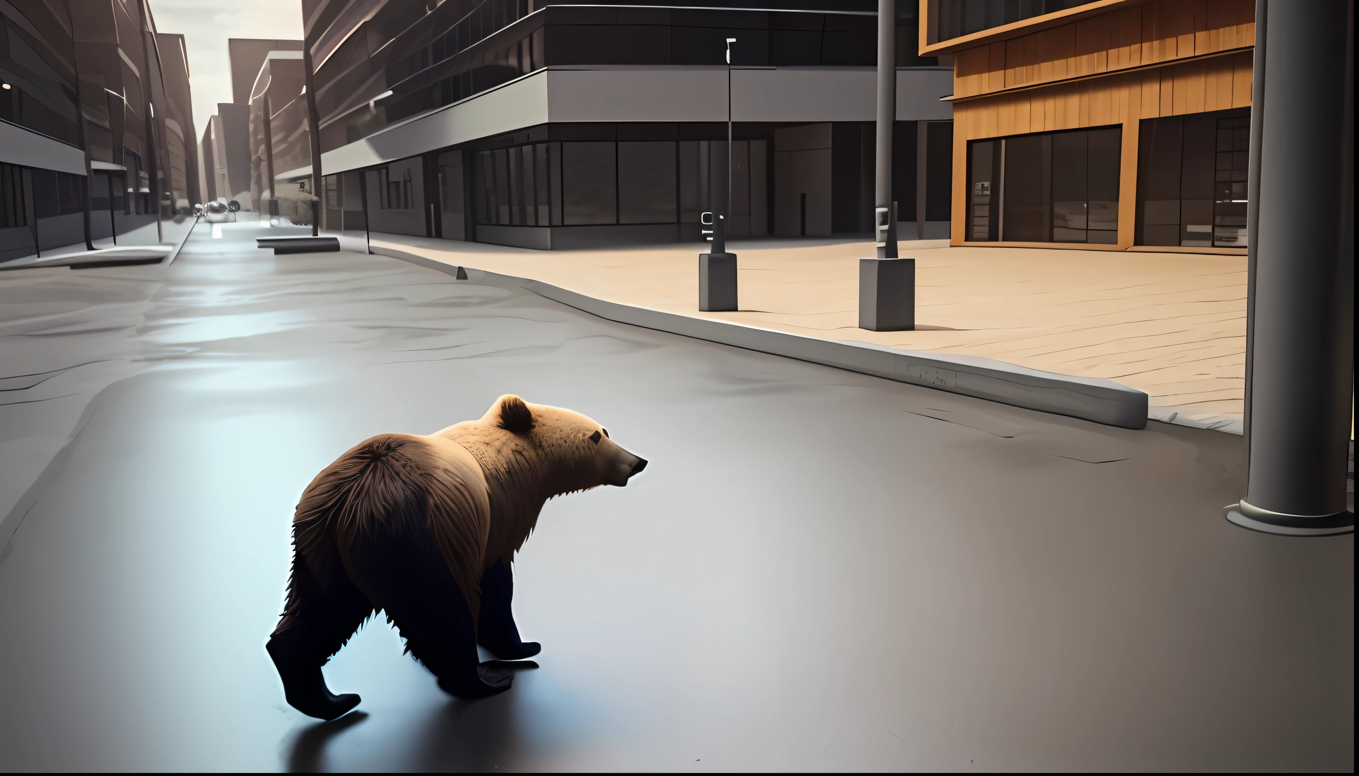 there is a bear that is walking on the concrete, 8 k ultra realistic animal, high quality 3d realistic, very realistic 3 d render, raytraced realistic, photorealistic highly detailed, very realistic render, excellent 3d render, realistic highly detailed, high-quality render, half grizzly bear, 3 d cg, 3d cg, high quality 3d render