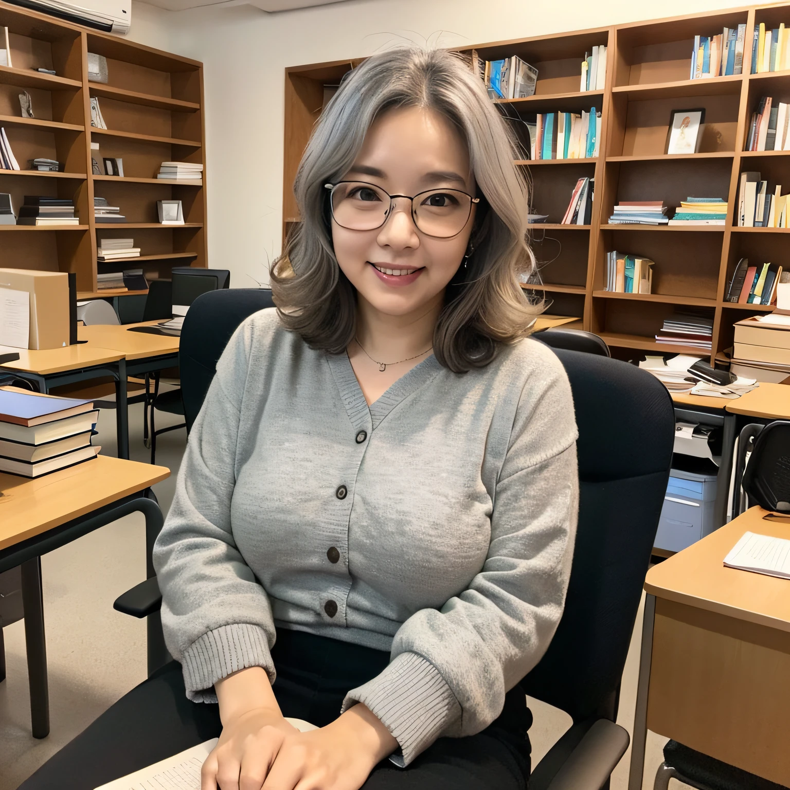 An midle aged asian woman (short wavy gray hair, glasses, wearing a long sleeved shirts, closed mouth, light smile) sitting on a chair and writing in a notebook on a desk, bright face with lights, 50-year-old korean girl, professor, whole subject shown in photo, mature and little chubby woman, in study with lots of books, portrait of female university professor, mature and lovely Korean face, studying,  sitting in a chair,  Portrait of Korean mature Female at a study filled with lots of books, computer on the desk and a big bookshelves filled with many books in the background,