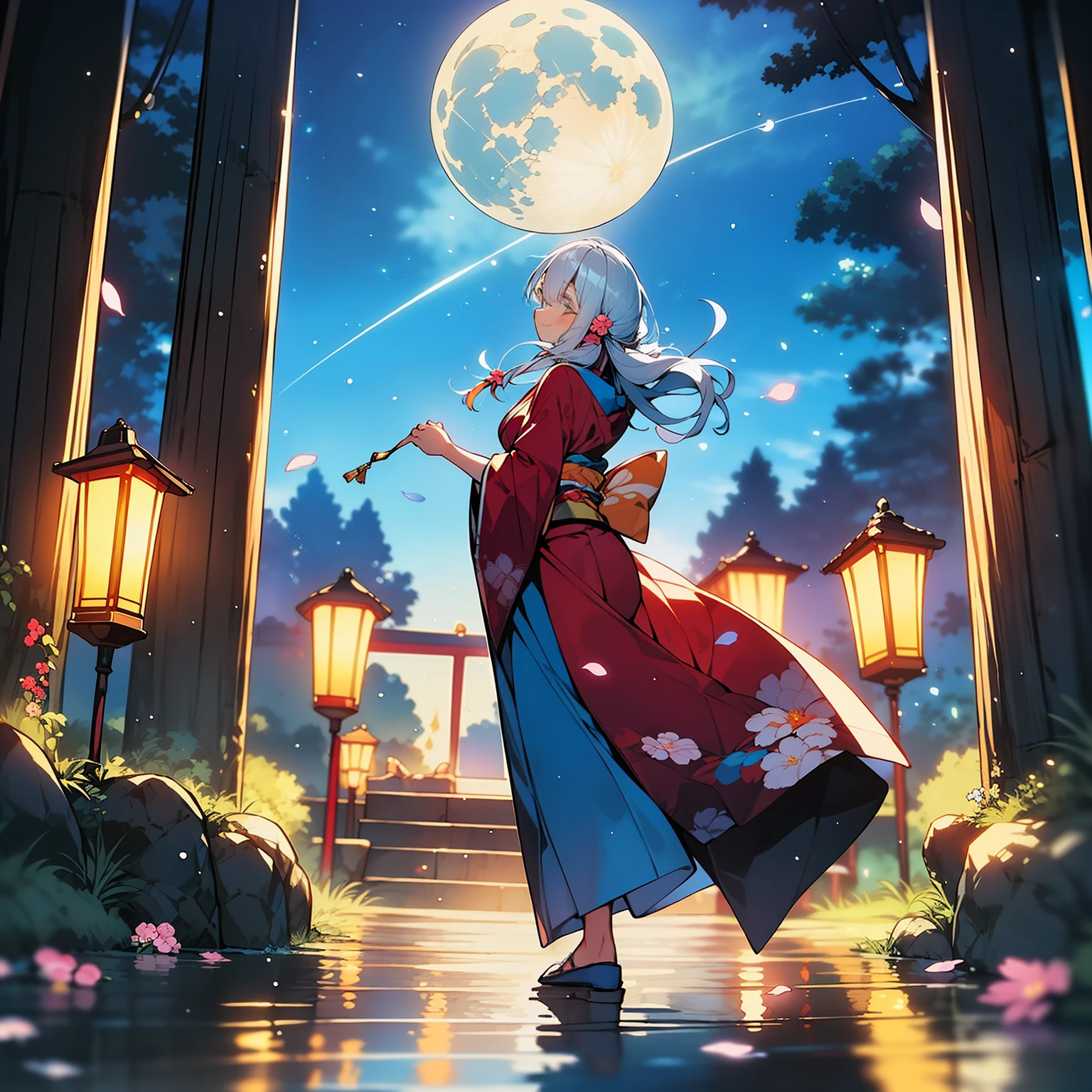 Open landscape , Landscape , Panorama shot , (Looking up, Looking down), Shrine maiden looking up, (Full moon: 1. 2), (Shooting star: 0. 9), (Nebula: 1. 3), Starry sky, Shining lantern, Fantastic cherry blossom tree, Trees, (Warm light source: 1. 2), (Firefly: 1. 2), Lamp 3), Starry sky, Torii gate, (Warm light source: 1. 2), ( (Firefly: 1. 2), Lamp, Orange and Blue Fine Detail, (Masterpiece: 1. 2), (Best Quality), 4k, Ultra Fine Detail, (Dynamic Composite: 1. 2), (Best Quality), Lamp, Orange and Blue Voluminous Lighting Main Fine Detail BREAK ((Masterpiece: 1.2), (Best Quality), 4k, Ultra Fine Detail, (Dynamic Composite: 1.4), Very Fine Detail, Colorful Detail, (Iridescent: 1. 2), (Luminous Lighting, Ambient Lighting), Dream like ( Ambient Lighting), dreamy, fantastic, (Solo: 1.2), sparkling, petals dancing, dancing light, white hair, beautiful hair, long hair, dancing hair, back view, puddle, dynamic pose, priestess outfit, priestess, red kimono