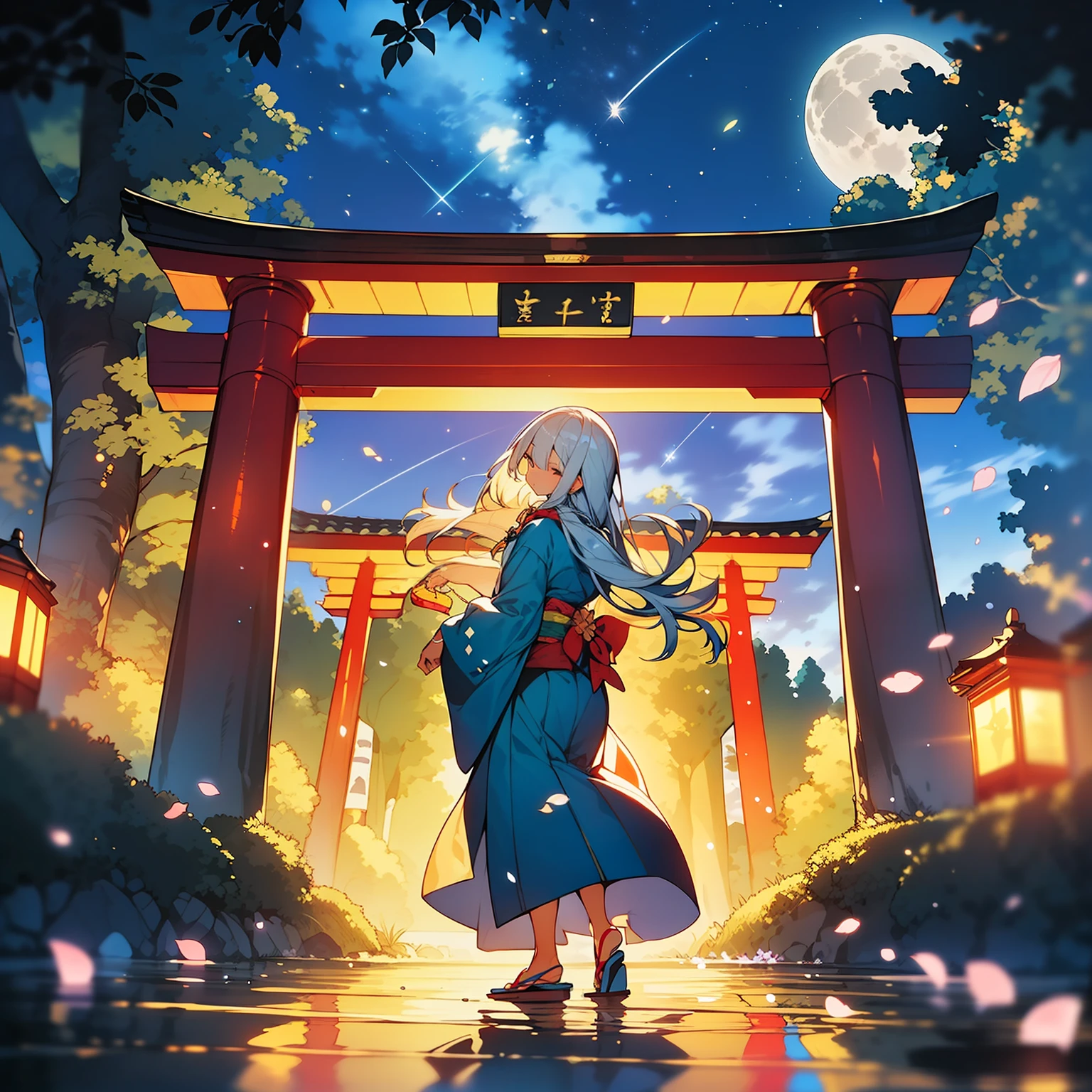 Open landscape , Landscape , Panorama shot , (Looking up, Looking down), Shrine maiden looking up, (Full moon: 1. 2), (Shooting star: 0. 9), (Nebula: 1. 3), Starry sky, Shining lantern, Fantastic cherry blossom tree, Trees, (Warm light source: 1. 2), (Firefly: 1. 2), Lamp 3), Starry sky, Torii gate, (Warm light source: 1. 2), ( (Firefly: 1. 2), Lamp, Orange and Blue Fine Detail, (Masterpiece: 1. 2), (Best Quality), 4k, Ultra Fine Detail, (Dynamic Composite: 1. 2), (Best Quality), Lamp, Orange and Blue Voluminous Lighting Main Fine Detail BREAK ((Masterpiece: 1.2), (Best Quality), 4k, Ultra Fine Detail, (Dynamic Composite: 1.4), Very Fine Detail, Colorful Detail, (Iridescent: 1. 2), (Luminous Lighting, Ambient Lighting), Dream like ( Ambient Lighting), dreamy, fantastic, (Solo: 1.2), sparkling, petals dancing, dancing light, white hair, beautiful hair, long hair, dancing hair, back view, puddle, dynamic pose, priestess outfit, priestess, red kimono