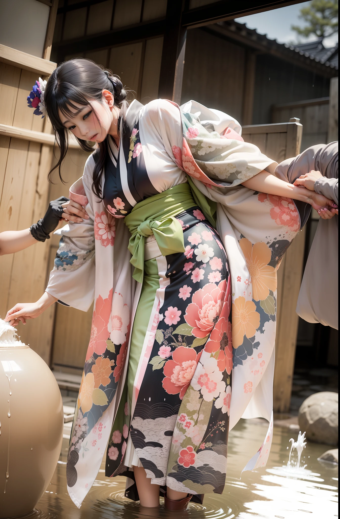 (Best Quality), A scene in which a kimono that has been soaked by a large amount of rain is grabbed to tear it apart, Multiple arms grab onto the kimono,Highlight the large amount of rainwater dripping from the kimono,Emphasize the silk fabric texture of the soaked kimono,Cute Japan Model Girl
