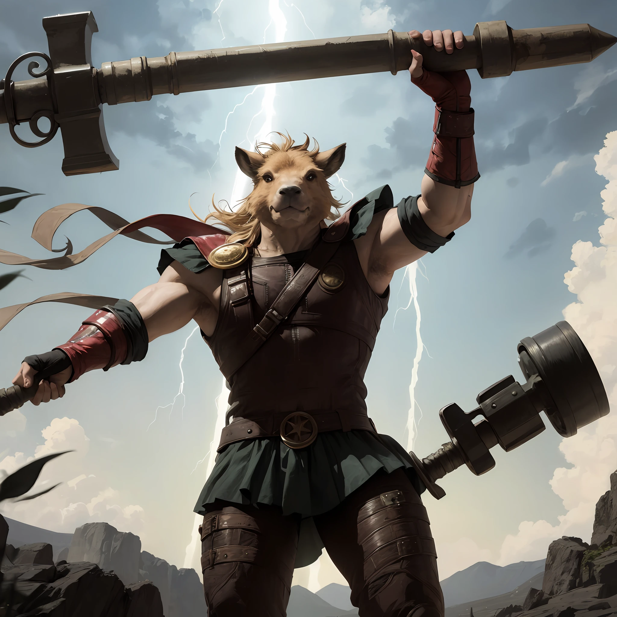 capybara dressed as thor, holding a giant hammer up, with lightning in the background --auto