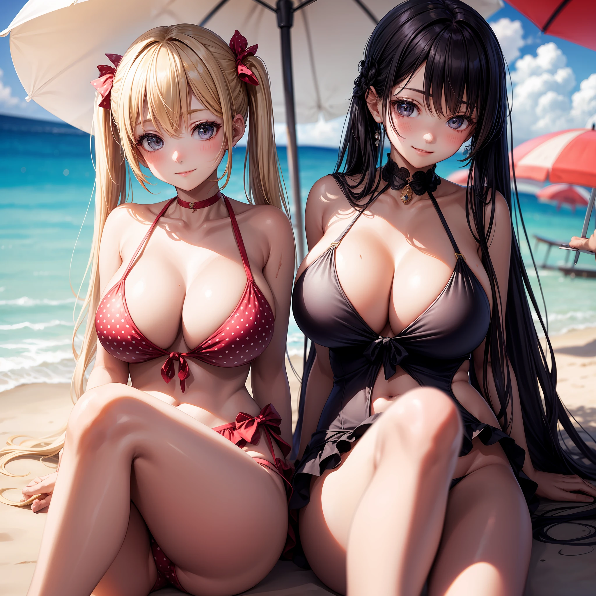 beste Quality、2 girls、Polka dot swimsuit、Black hair twin tails and blonde long hair、Giant tits、smile on face、a whole body、Peach Parasol、Sandy beach with few people、Background blur、Slender、fair complexion、Dark eyes、Luxury、high girl、Bruising and ugly expression、