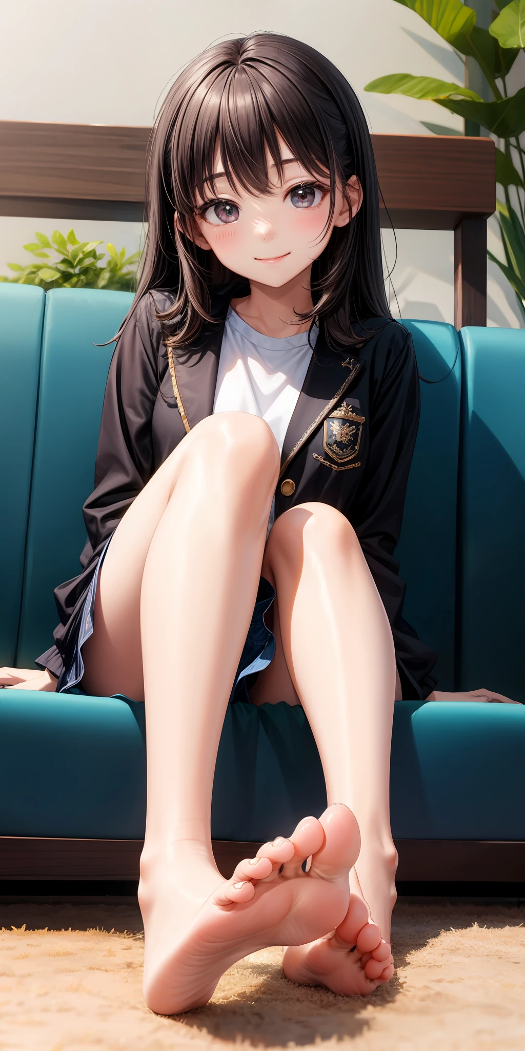 逼真、Healthy soles、Beautiful shape、Sole gloss、Foot zoom、Girl Smile、Sit on a low sofa