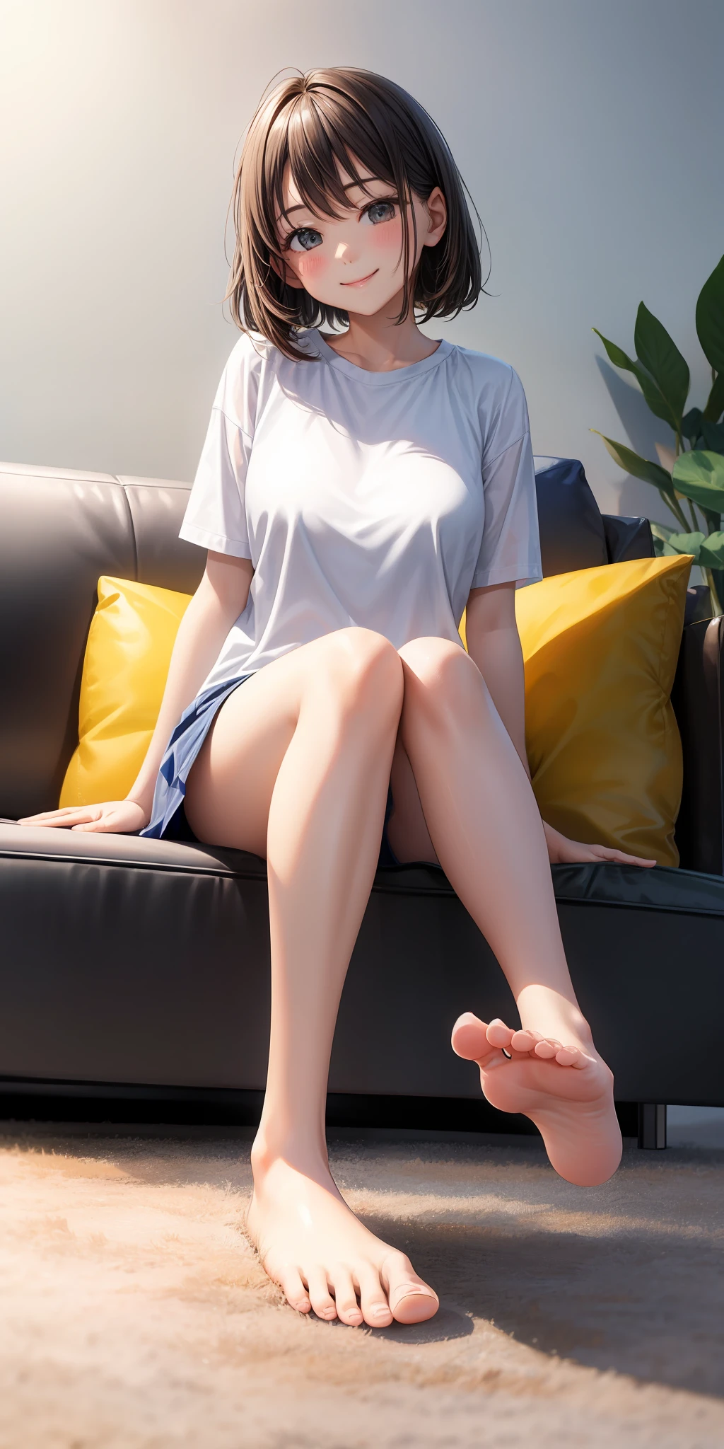 逼真、Healthy soles、Beautiful shape、Sole gloss、Foot zoom、Girl Smile、Sit on a low sofa