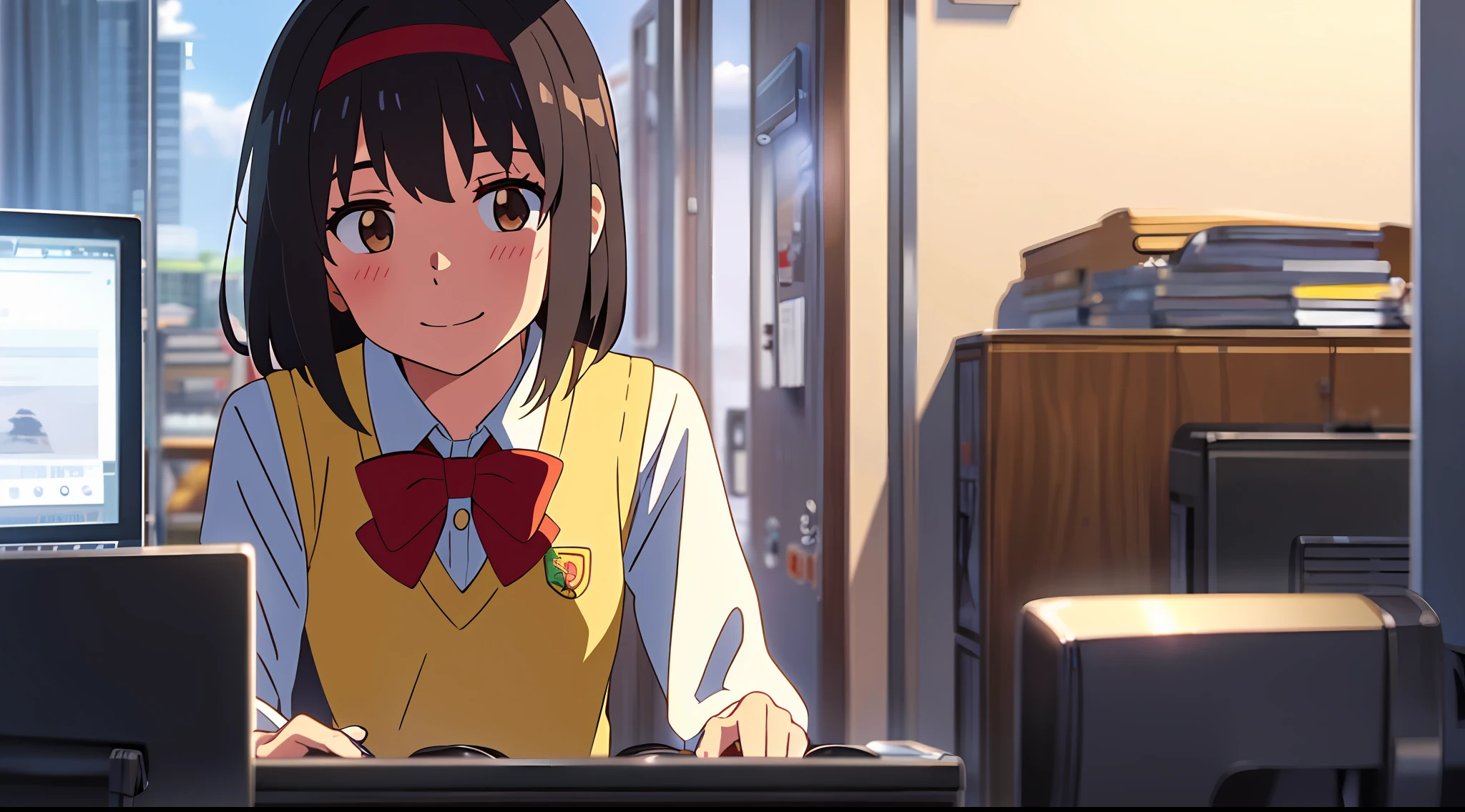 shinkai makoto, kimi no na wa., 1girl, bangs, black hair, blush, bow, bow, brown eyes, cloud, collared shirt, headband, headband, looking at the audience, red bow, red bow, red headband, red ribbon, Ribbon, school uniform, shirt, short hair, sky, smile, solo, sweater vest, upper body, vest, white shirt, yellow sweater vest, yellow vest, girl playing video games, indoor, computer