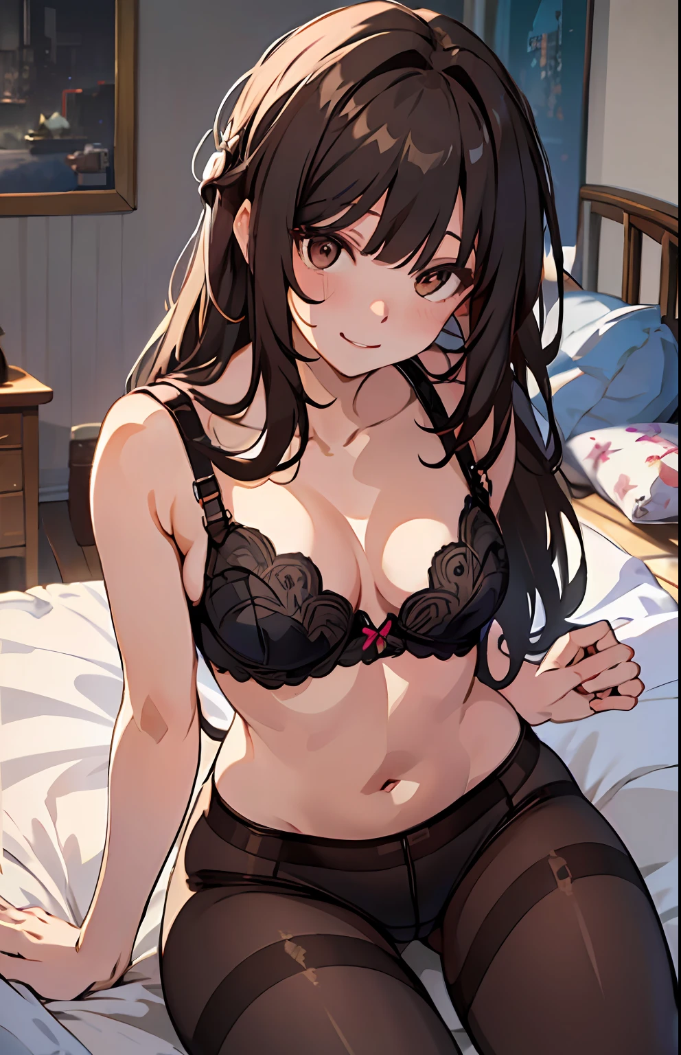 SushangV4, Masterpiece, top quality, high resolution, solo, loose hair, small breasts, indoors, misaligned bra, lingerie (range: 1.2), close focus, pantyhose, lying down, top, very_long_hair, bed, shaggy boyshorts, pantyhose, heavy breathing, sexual expression invite, smiling
