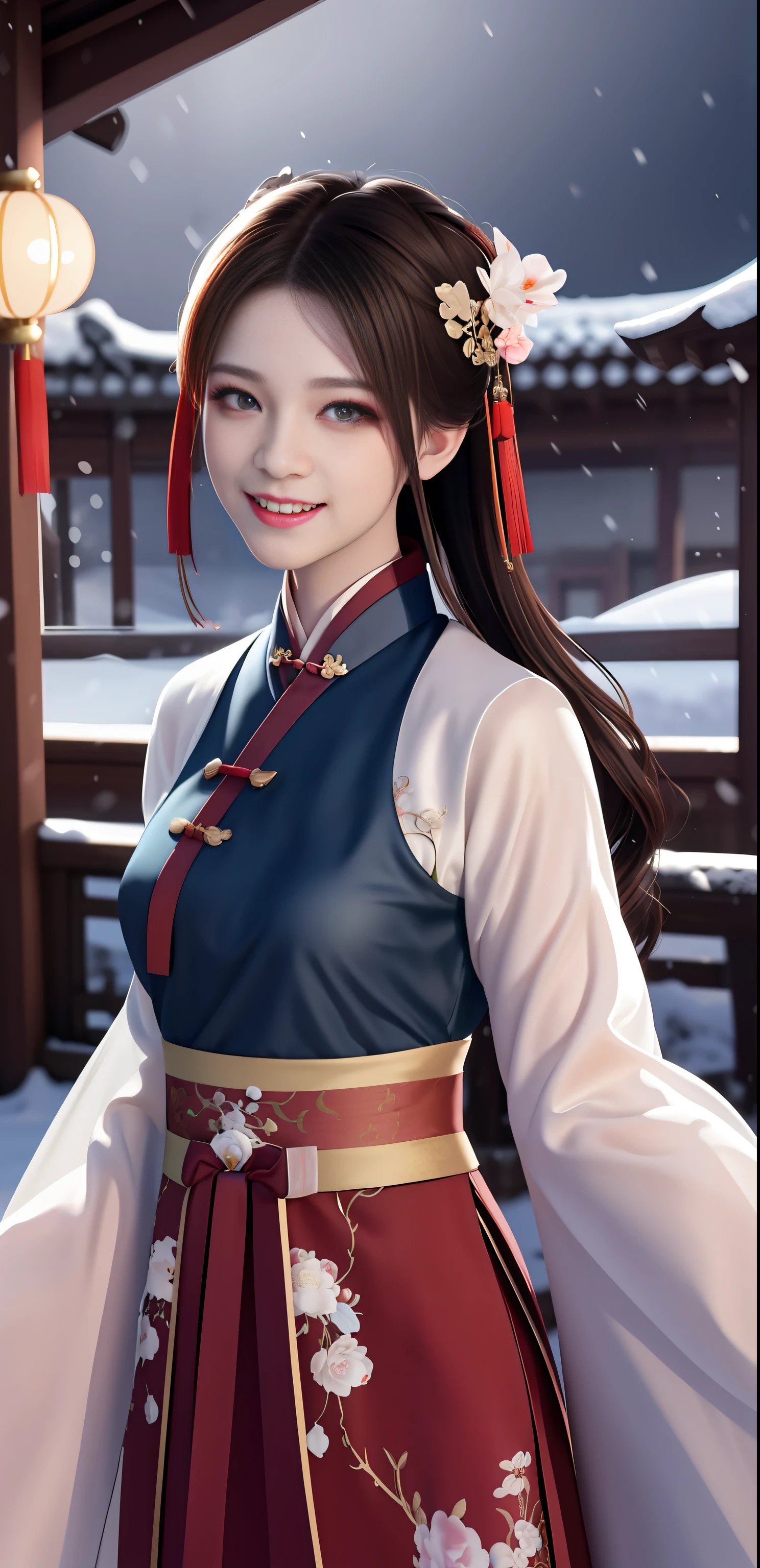 High resolution, 1girl, (glamorous smile: 0.8), Chinese Hanfu, red Hanfu, hair accessories, snow, beauty, ultra-high-definition pictures, complex and detailed light, shadow and refraction, exquisite and high-quality atmospheric lighting, Octane rendering engine, focus Clear, high contrast, high resolution, cinematic concept photography