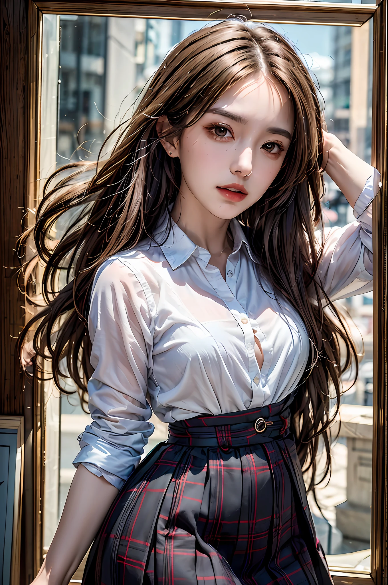 best quality, masterpiece, ultra-detailed, detailed light, (RAW photo:1.2), (photorealistic:1.4),(masterpiece:1.3),(best quality:1.4), dramatic lightning, 1girl, solo, waist up, wavy hair, long hair, collared shirt, skirt, fashion accessory