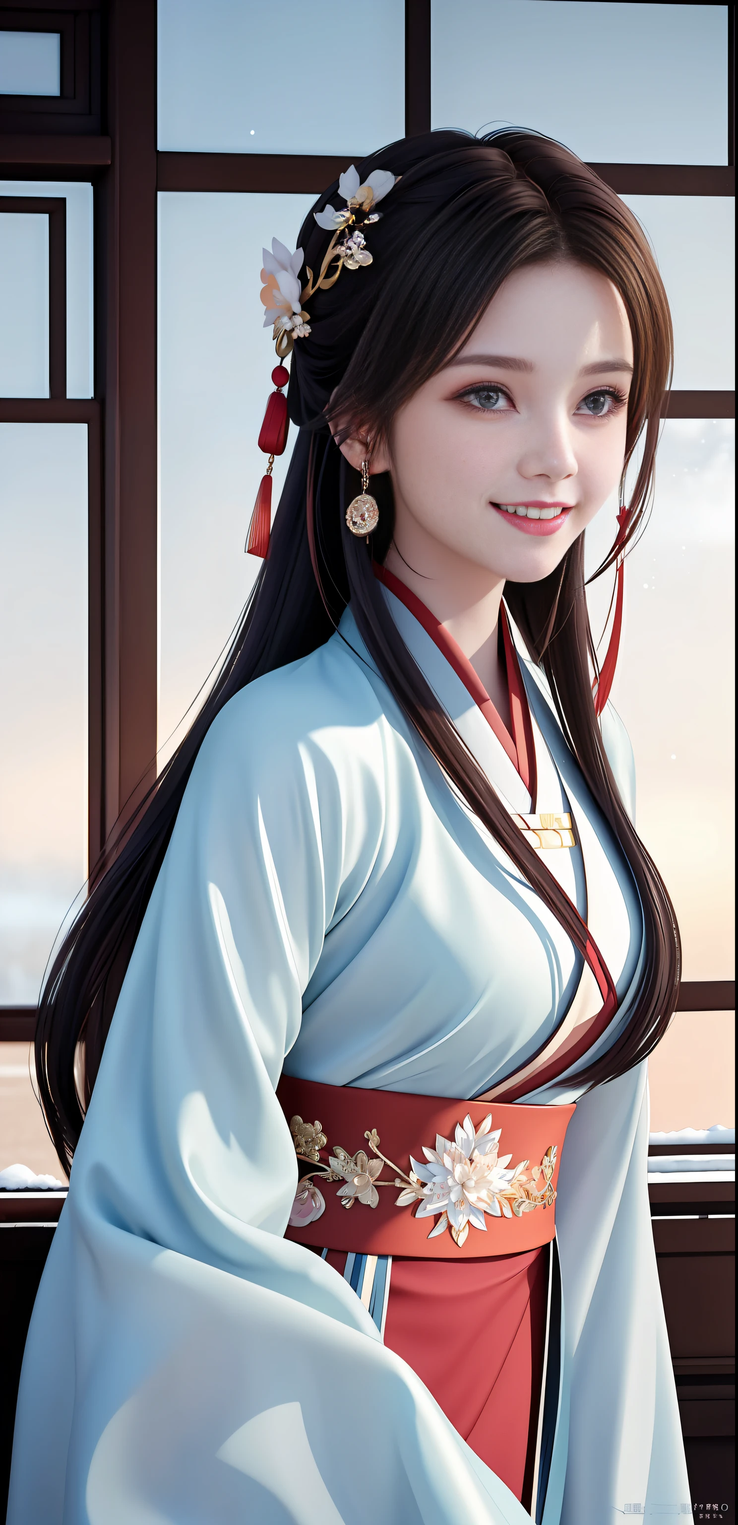 High resolution, 1girl, (glamorous smile: 0.8), Chinese Hanfu, red Hanfu, hair accessories, snow, beauty, ultra-high-definition pictures, complex and detailed light, shadow and refraction, exquisite and high-quality atmospheric lighting, Octane rendering engine, focus Clear, high contrast, high resolution, cinematic concept photography