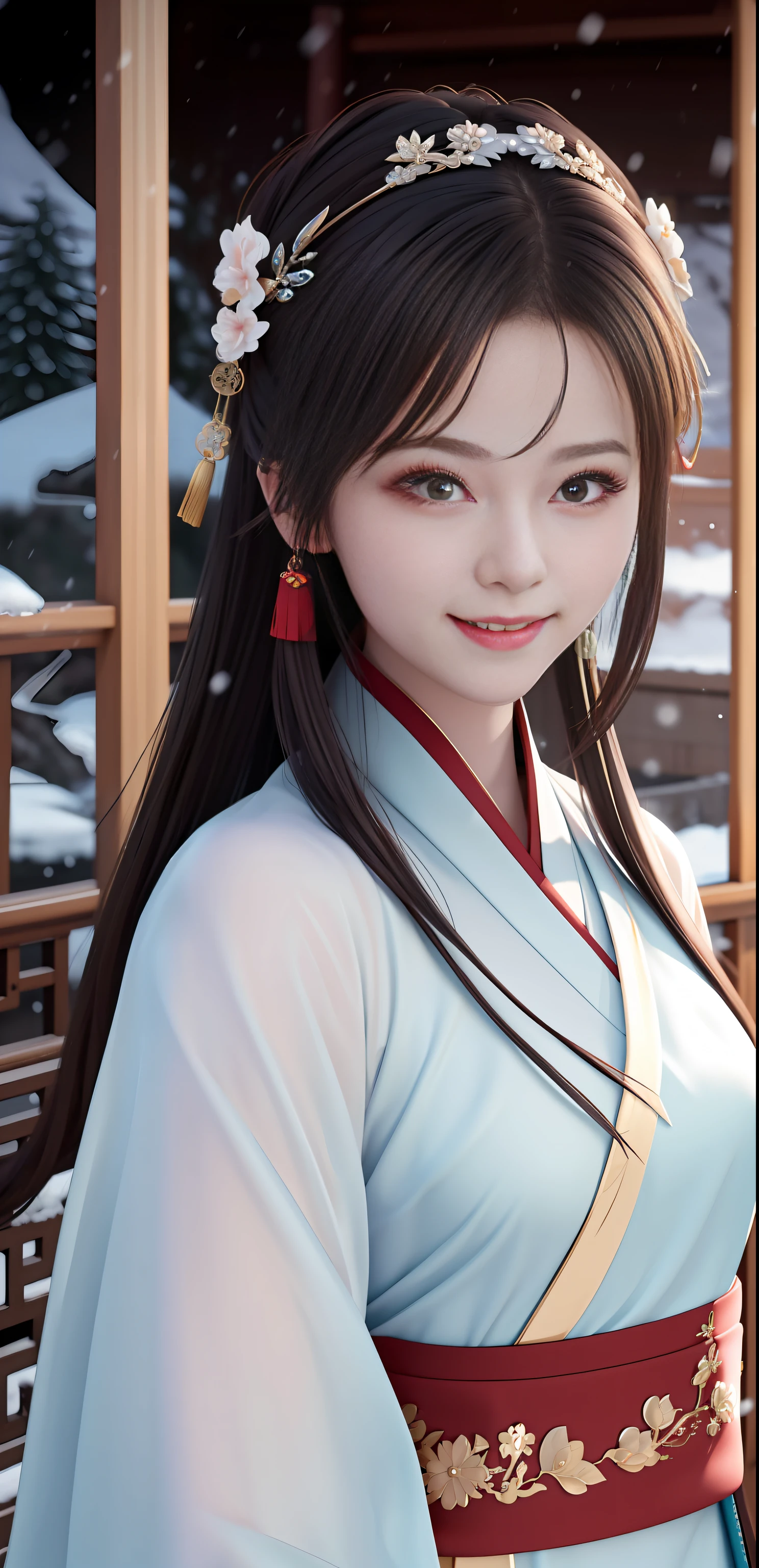 High resolution, 1girl, (glamorous smile: 0.8), Chinese Hanfu, red Hanfu, hair accessories, snow, beauty, ultra-high-definition pictures, complex and detailed light, shadow and refraction, exquisite and high-quality atmospheric lighting, Octane rendering engine, focus Clear, high contrast, high resolution, cinematic concept photography