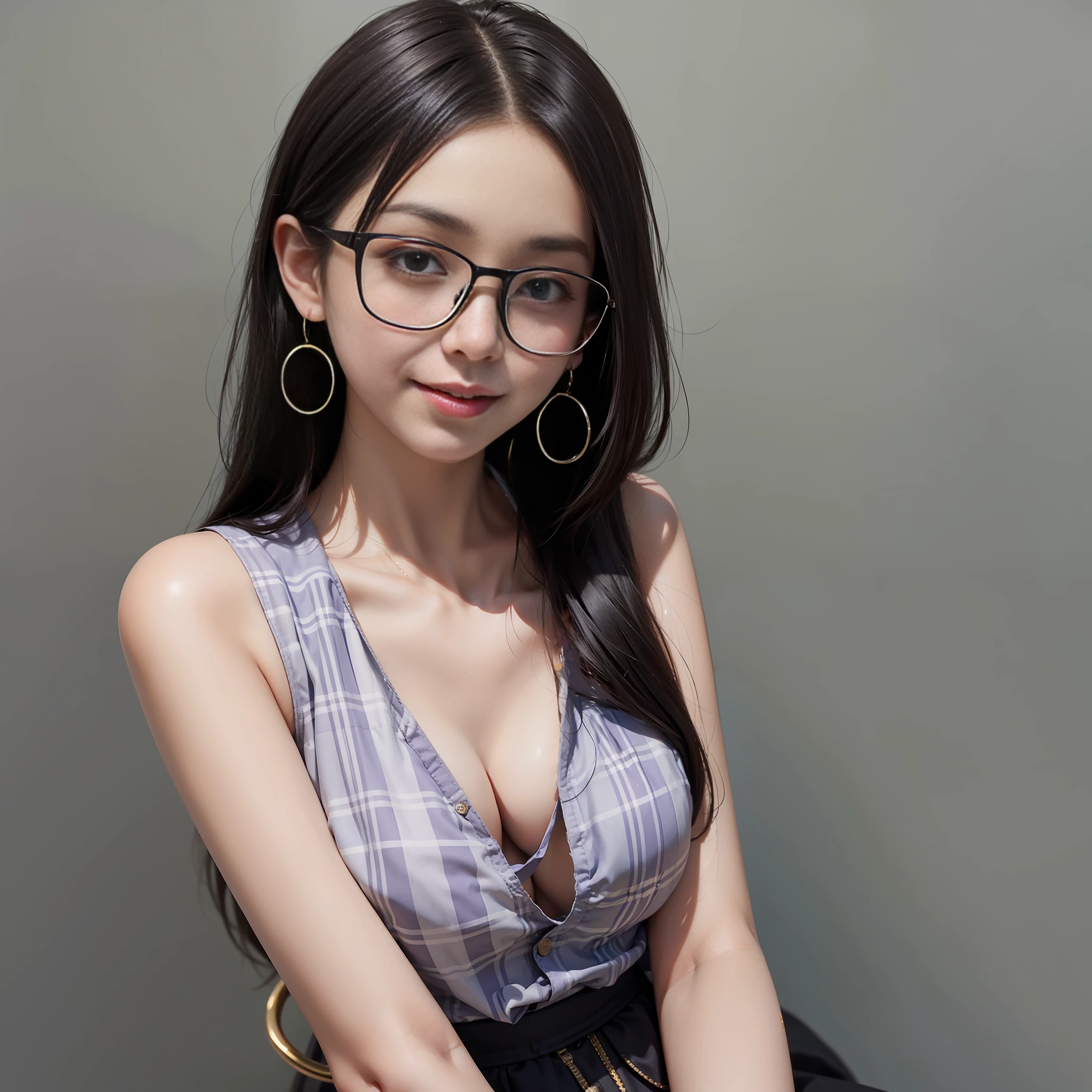 Black hair three or seven points,A cute girl,Purple checkered top,middle breasts,Smile with,satchel,Square frame glasses,ear ring,ultra detaile,Photo pose,Slim waist,White and smooth skin,A gentle breeze