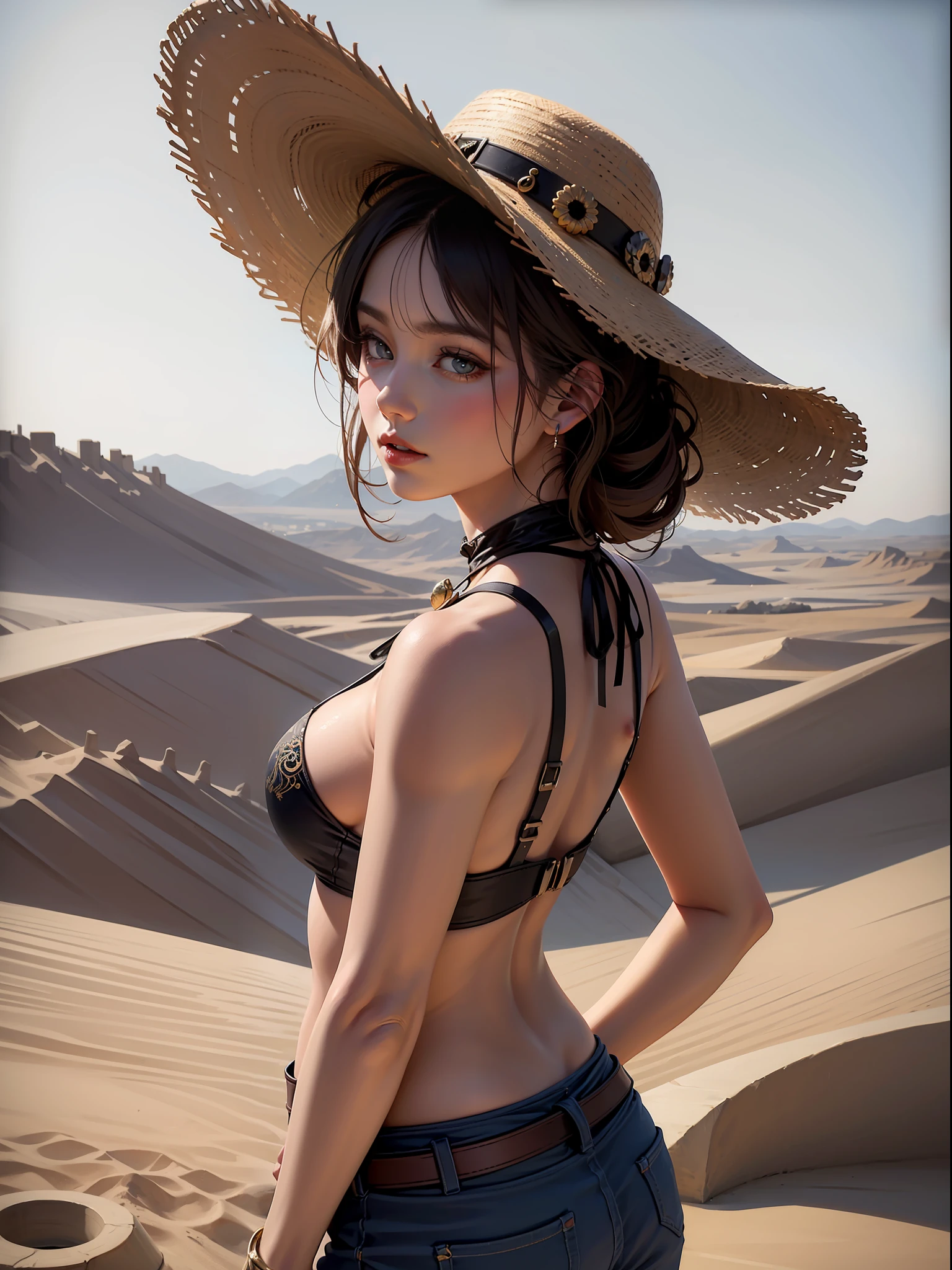 1girls, female cowgirl，Delicate and beautiful face, Various hairstyles，Plump chest，Convex buttocks，perspire，cowboy hat，perfectly proportioned, Detailed clothing details, Western style，A desert，Sand，Liquid effect，Cinematic lighting, filmgrain, Fujicolor, light and darkcontrast, 8K, 巨作, Textured skin, Super detail, high detailes, High quality, highly resolution,