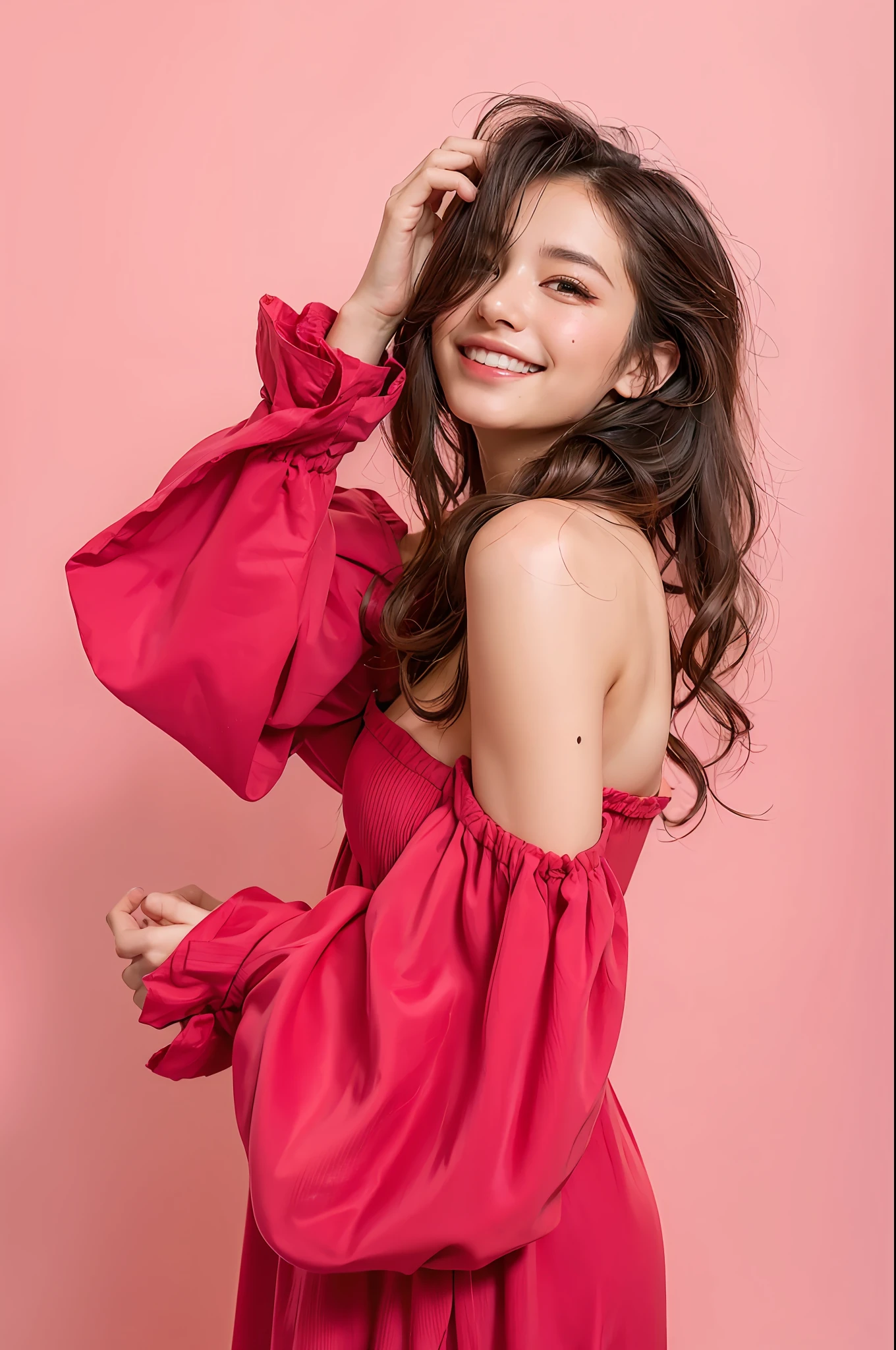 ((masterpiece, top quality, high definition)), 1 girl, (photorealistic: 1.4), solo, white background, snow-white background, mouth closed, happy smile, happy smile, pretty black hair, short hair, big eyes, clear double eyelids, eyelashes, ears out, long neck, long neck, absolute area, ((face close-up)), (drawing all head, shoulders), 19 years old, Attractive proportions, shiny skin, clean collarbone, golden ratio face, perfect face, teardrop mole, mole on chest, bangs, clean bangs, lip gloss, thin lips, pale skin, naked, big breasts, small face, small face, draw all head, draw all shoulders