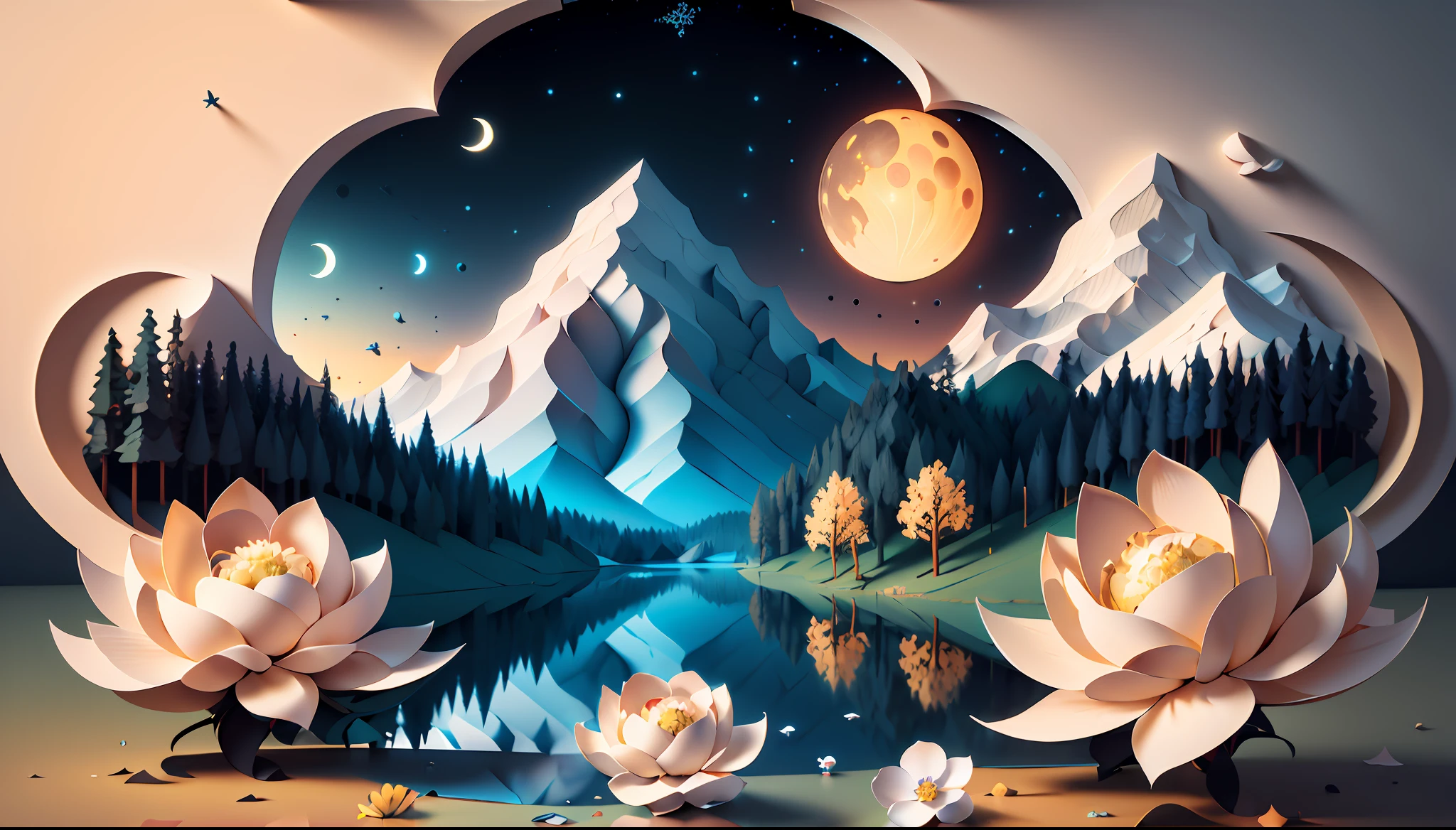 (((masterpiece))),best quality, illustration, sky, cloud, water, star \(symbol\), tree, no humans, night, bird, moon, building, star \(sky\), night sky, scenery, starry sky, Forest, Flower, Moutain, Cloud. vibrant color scheme, Soft light,(warm color:1.2),Water color painting, light background, best quality exquisite details,3d rendering,Octane render, pastel, paper_cut