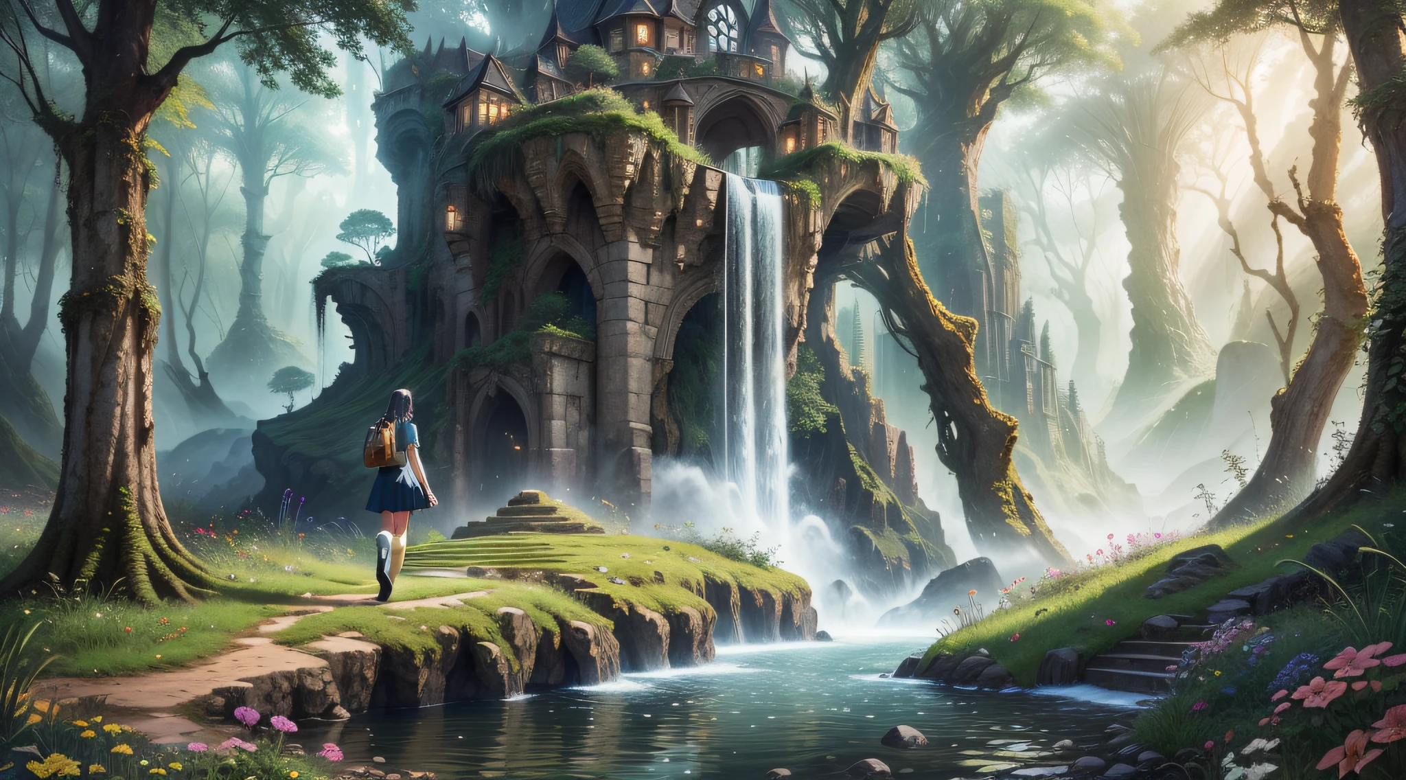 ((masterpiece)), (((best quality))), ((ultra-detailed)), (Amazing:1.1), A back view of a high school girl walking, (((keep the human anatomy))), ((A beautiful high school girl lost in a surreal world of dreamlike landscapes)), searching for a way back home, A straight road in the grassland that goes on forever, A floating island in the sky, A waterfall flows from the floating island, huge ruin, (17 yr old), person from behind, flowers, wind flow, (((wearing school uniform))), black eyes, black hair, white socks, 8 life size, detailed hairstyles, realistic,(((fantasy))), A fertile land full of water and forests, frontier, surrealism, (magnificent space), ultra wide view, deep forest, concept art, raw, detailed background, complex background, wallpaper, poster, sharp focus, hyperrealism, insanely detailed, lush detail, filigree, intricate, crystalline, perfectionism, max detail, 4k uhd,