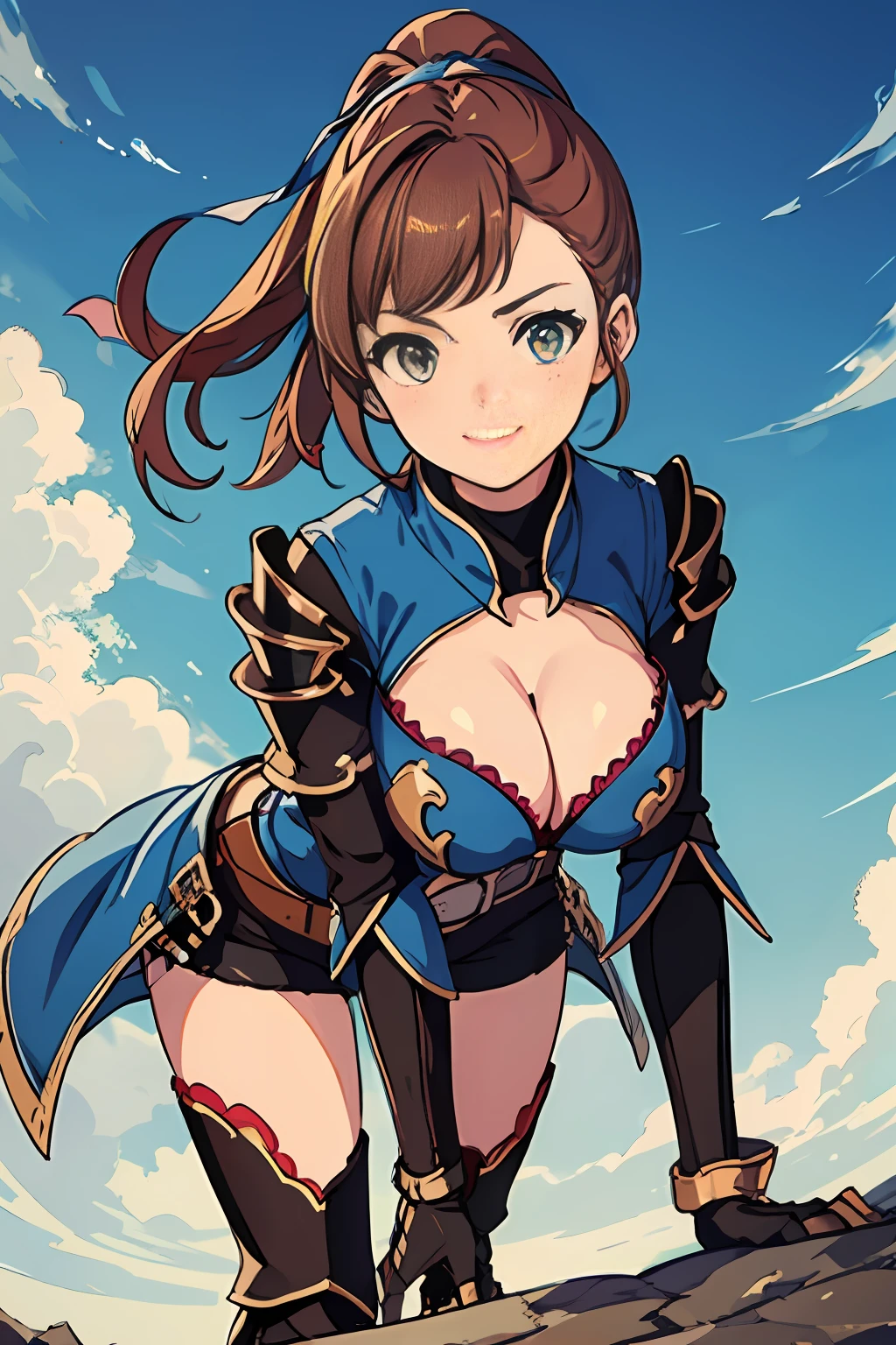 masterpiece, best quality, defbeatrix, ponytail, hair ribbon, gauntlets, blue shirt, gloves, cleavage cutout, belt, short shorts, thigh boots, from below, looking at viewer, smile, closed mouth, leaning forward, pov, large breasts, sky