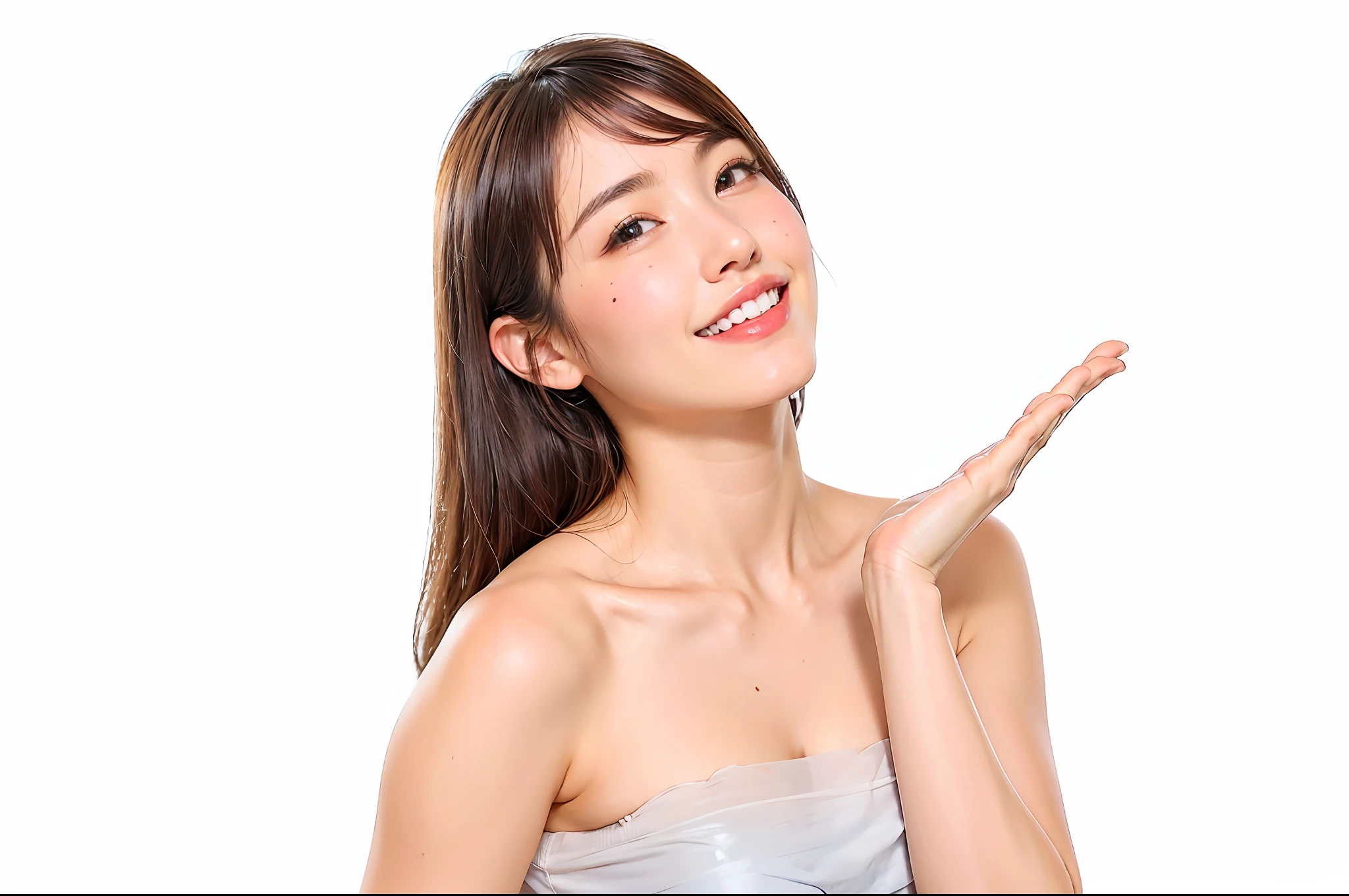((masterpiece, top quality, high definition)), 1 girl, (photorealistic: 1.4), solo, white background, snow-white background, mouth closed, happy smile, happy smile, pretty black hair, short hair, big eyes, clear double eyelids, eyelashes, ears out, long neck, long neck, absolute area, ((face close-up)), (drawing all head, shoulders), 19 years old, Attractive proportions, shiny skin, clean collarbone, golden ratio face, perfect face, teardrop mole, mole on chest, bangs, clean bangs, lip gloss, thin lips, pale skin, naked, big breasts, small face, small face, draw all head, draw all shoulders