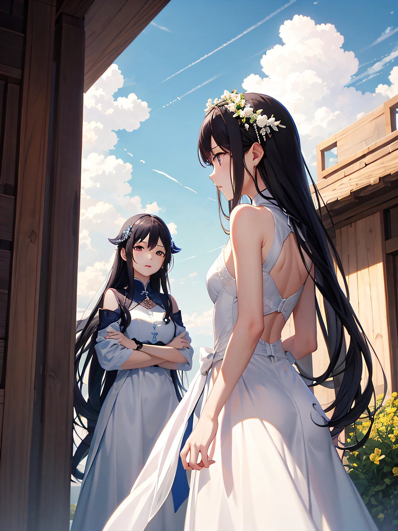 (杰作,best qualitiy,ExquisiteDetail), 1girls,独奏,Grieving,Back Shadow,Terrible,skies,blue sky with white clouds,Rich background