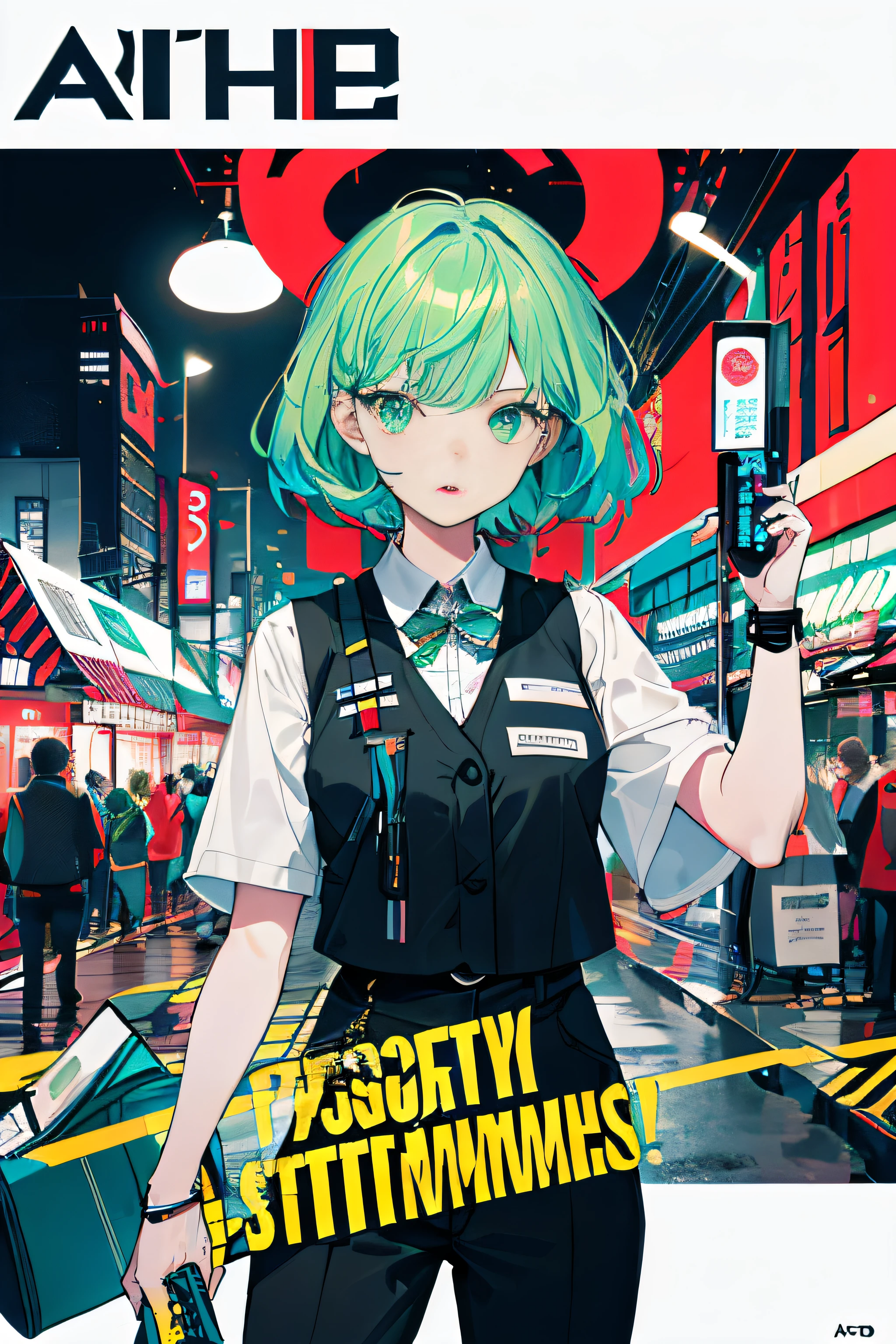 8K,best qualitiy,杰作,wallpaper hd,((((Dramatic))), (((gritty))), (((Intense))) The movie poster features a young woman as the central character。She stands confidently in the center of the poster,Red lips,Light green hair,Pick and dye green hair,bobhair,Irregular bangs,Dress in fashion-forward clothing,Workwear style vest,Top-notch,Frock style trousers,Normal attire。The background is colorful,There is a feeling of summer harmony。The text is bold and eye-catching,With catchy slogans,Adds to the overall drama and excitement。The color palette is predominantly green,Dotted with bright colors,Make the poster dynamic and visually striking,tachi-e (magazine:1.3), (estilo da capa:1.3), stylishly, vibrant, Outfit, posando, Front,rich colourful,Dynamic,backgrounds,elementos,confiante,expressively,Hold,statement,attachment,Majestic,coil,ao redor,tocar,Scenes,text,cover page,ousado,attention-grabbing,titles,stylishly,typeface,Catchy,titles,Bigger,Smart、moderno、Trendy、focus-on、stylishly,Delicate hands,Delicate fingers