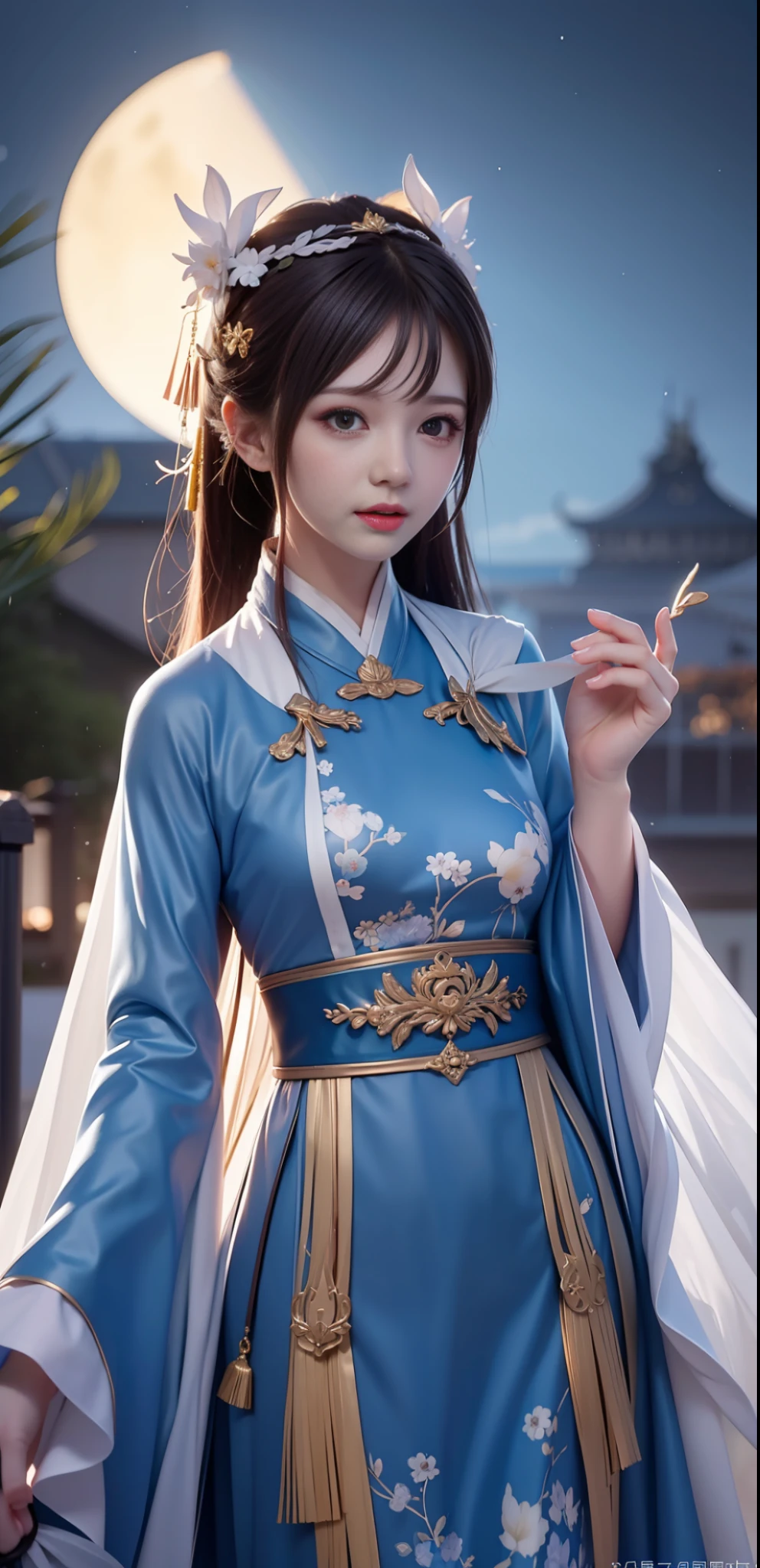 (8k, RAW photo:1.2), best quality, ultra high res,dramatic angle,(fluttered detailed color splashs), (illustration),(((1 girl))),(long hair),(rain:0.9), (头饰:1.4),少女身边有一座古宫,汉服,(重点),彩色水墨画,(泼彩),泼彩,(((colorful))),(素描:0.8) , Masterpiece, best quality, beautiful painted, highly detailed,(denoising:0.6),[splash ink],((ink refraction)), (beautiful detailed sky),moon,highly,detaild,(masterpiece, best quality, extremely detailed） CG unity 8k壁纸，杰作，最好的质量，超详细），（石蒜），