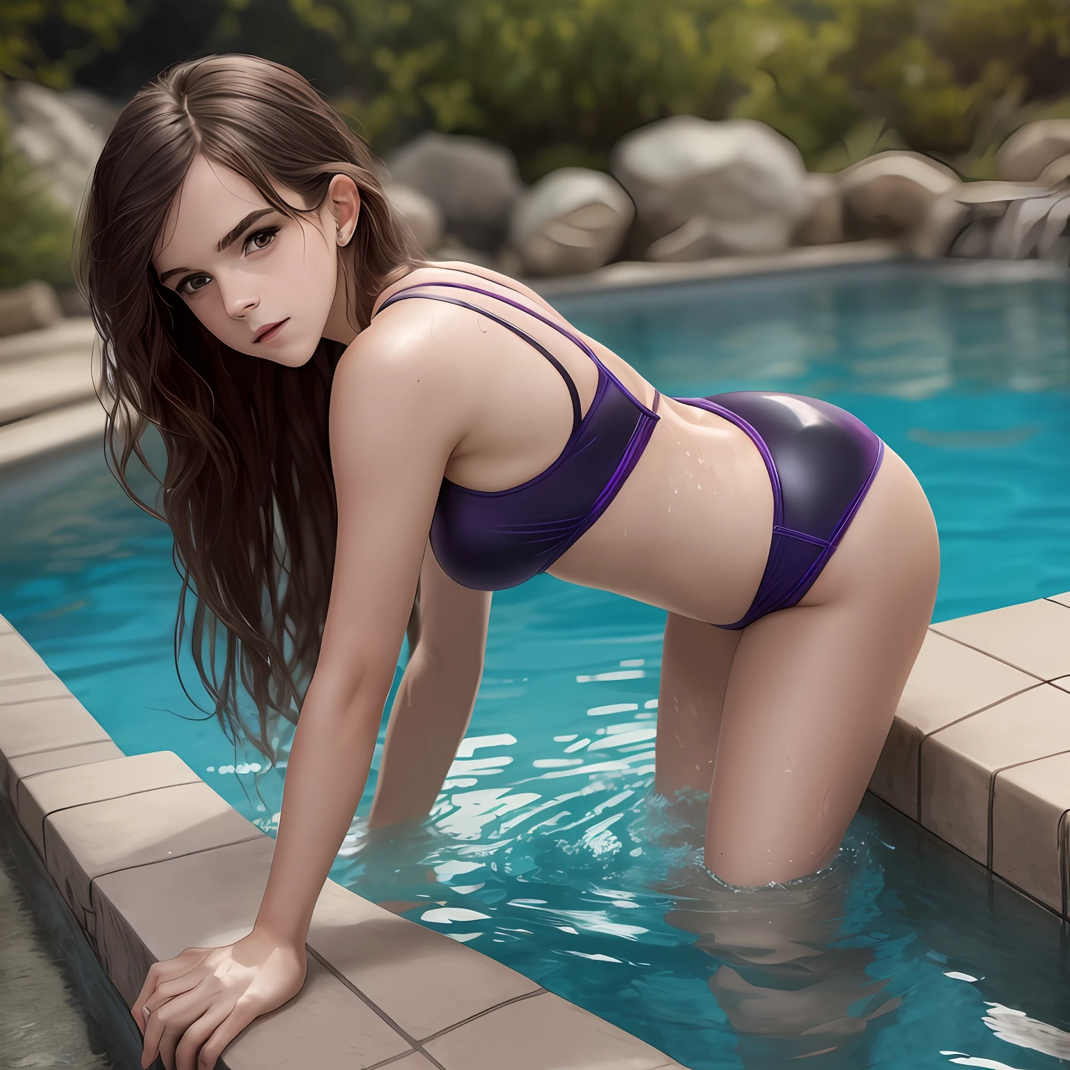 Emma Watson, young, young Emma Watson, Hermiona Grenger, posing for picture, sexy, full body shot, shot from behind, bend over, swimming pool background, sexy pose, bend over, seductive, elegant, dark purple swimsuit, latex swimsuit, in the water, wet, sweating, very long hair, makeup, lipstick, hands raised, hands above head, hot attractive female, detailed face, perfect body, black hair, late hours, high resolution, best quality, 4k, looking at viewer, --auto --s2