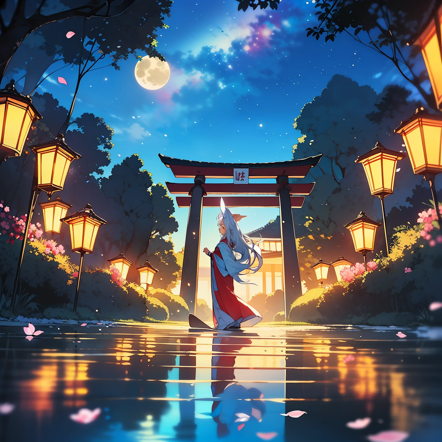 Open landscape , Landscape , Panorama shot , (Looking up, Looking down), Shrine maiden looking up, (Full moon: 1. 2), (Shooting star: 0. 9), (Nebula: 1. 3), Starry sky, Shining lantern, Fantastic cherry blossom tree, Trees, (Warm light source: 1. 2), (Firefly: 1. 2), Lamp 3), Starry sky, Torii gate, (Warm light source: 1. 2), ( (Firefly: 1. 2), Lamp, Orange and Blue Fine Detail, (Masterpiece: 1. 2), (Best Quality), 4k, Ultra Fine Detail, (Dynamic Composite: 1. 2), (Best Quality), Lamp, Orange and Blue Voluminous Lighting Main Fine Detail BREAK ((Masterpiece: 1.2), (Best Quality), 4k, Ultra Fine Detail, (Dynamic Composite: 1.4), Very Fine Detail, Colorful Detail, (Iridescent: 1. 2), (Luminous Lighting, Ambient Lighting), Dream like ( Ambient Lighting), dreamy, fantastic, (Solo: 1.2), sparkling, petals dancing, dancing light, white hair, beautiful hair, long hair, dancing hair, back view, puddle, dynamic pose, priestess outfit, priestess, red kimono