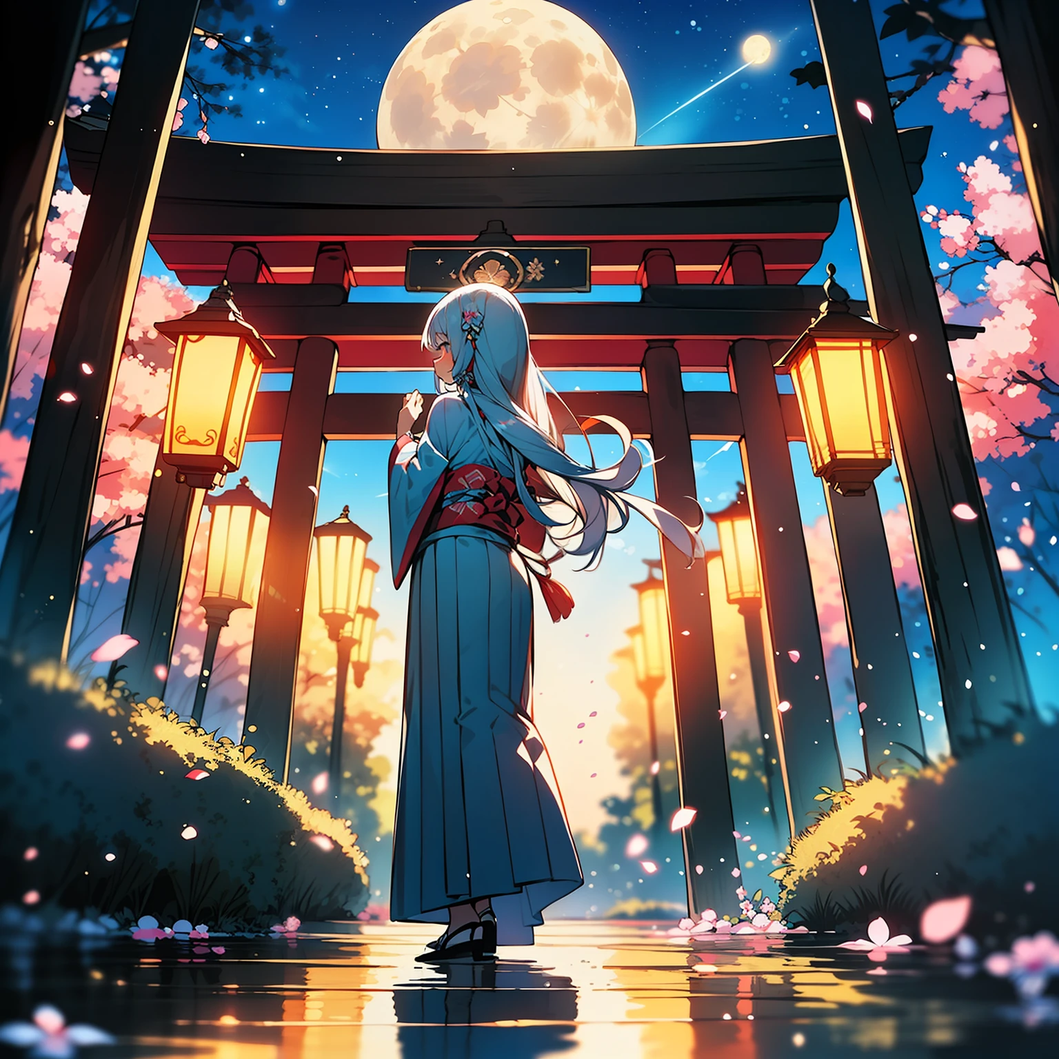 Open landscape , Landscape , Panorama shot , (Looking up, Looking down), Shrine maiden looking up, (Full moon: 1. 2), (Shooting star: 0. 9), (Nebula: 1. 3), Starry sky, Shining lantern, Fantastic cherry blossom tree, Trees, (Warm light source: 1. 2), (Firefly: 1. 2), Lamp 3), Starry sky, Torii gate, (Warm light source: 1. 2), ( (Firefly: 1. 2), Lamp, Orange and Blue Fine Detail, (Masterpiece: 1. 2), (Best Quality), 4k, Ultra Fine Detail, (Dynamic Composite: 1. 2), (Best Quality), Lamp, Orange and Blue Voluminous Lighting Main Fine Detail BREAK ((Masterpiece: 1.2), (Best Quality), 4k, Ultra Fine Detail, (Dynamic Composite: 1.4), Very Fine Detail, Colorful Detail, (Iridescent: 1. 2), (Luminous Lighting, Ambient Lighting), Dream like ( Ambient Lighting), dreamy, fantastic, (Solo: 1.2), sparkling, petals dancing, dancing light, white hair, beautiful hair, long hair, dancing hair, back view, puddle, dynamic pose, priestess outfit, priestess, red kimono