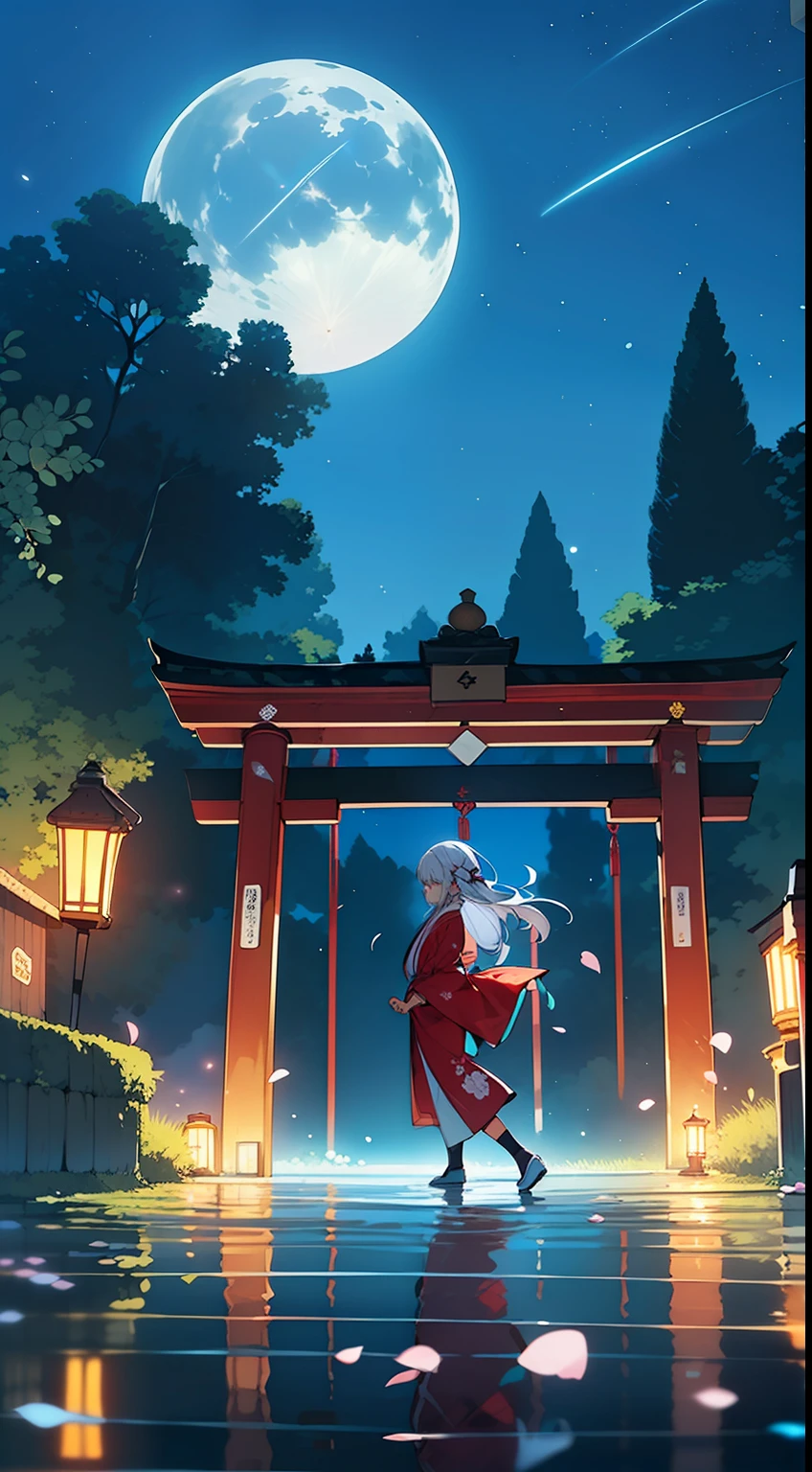 Open landscape , Landscape , Panorama shot , (Looking up, Looking down), Shrine maiden looking up, (Full moon: 1. 2), (Shooting star: 0. 9), (Nebula: 1. 3), Starry sky, Shining lantern, Fantastic cherry blossom tree, Trees, (Warm light source: 1. 2), (Firefly: 1. 2), Lamp 3), Starry sky, Torii gate, (Warm light source: 1. 2), ( (Firefly: 1. 2), Lamp, Orange and Blue Fine Detail, (Masterpiece: 1. 2), (Best Quality), 4k, Ultra Fine Detail, (Dynamic Composite: 1. 2), (Best Quality), Lamp, Orange and Blue Voluminous Lighting Main Fine Detail BREAK ((Masterpiece: 1.2), (Best Quality), 4k, Ultra Fine Detail, (Dynamic Composite: 1.4), Very Fine Detail, Colorful Detail, (Iridescent: 1. 2), (Luminous Lighting, Ambient Lighting), Dream like ( Ambient Lighting), dreamy, fantastic, (Solo: 1.2), sparkling, petals dancing, dancing light, white hair, beautiful hair, long hair, dancing hair, back view, puddle, dynamic pose, priestess outfit, priestess, red kimono