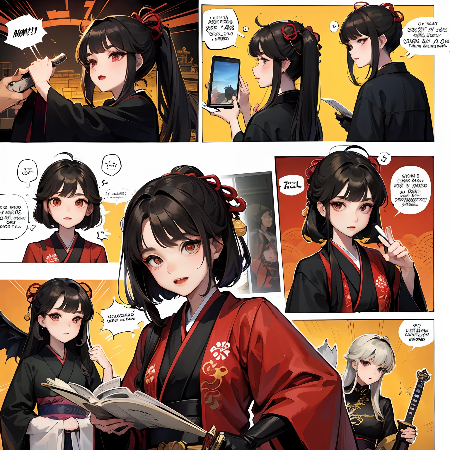 gal girl，Sword，caricature style，Three View，comic book，Slash demons and remove demons Chinese style，Japanese --auto