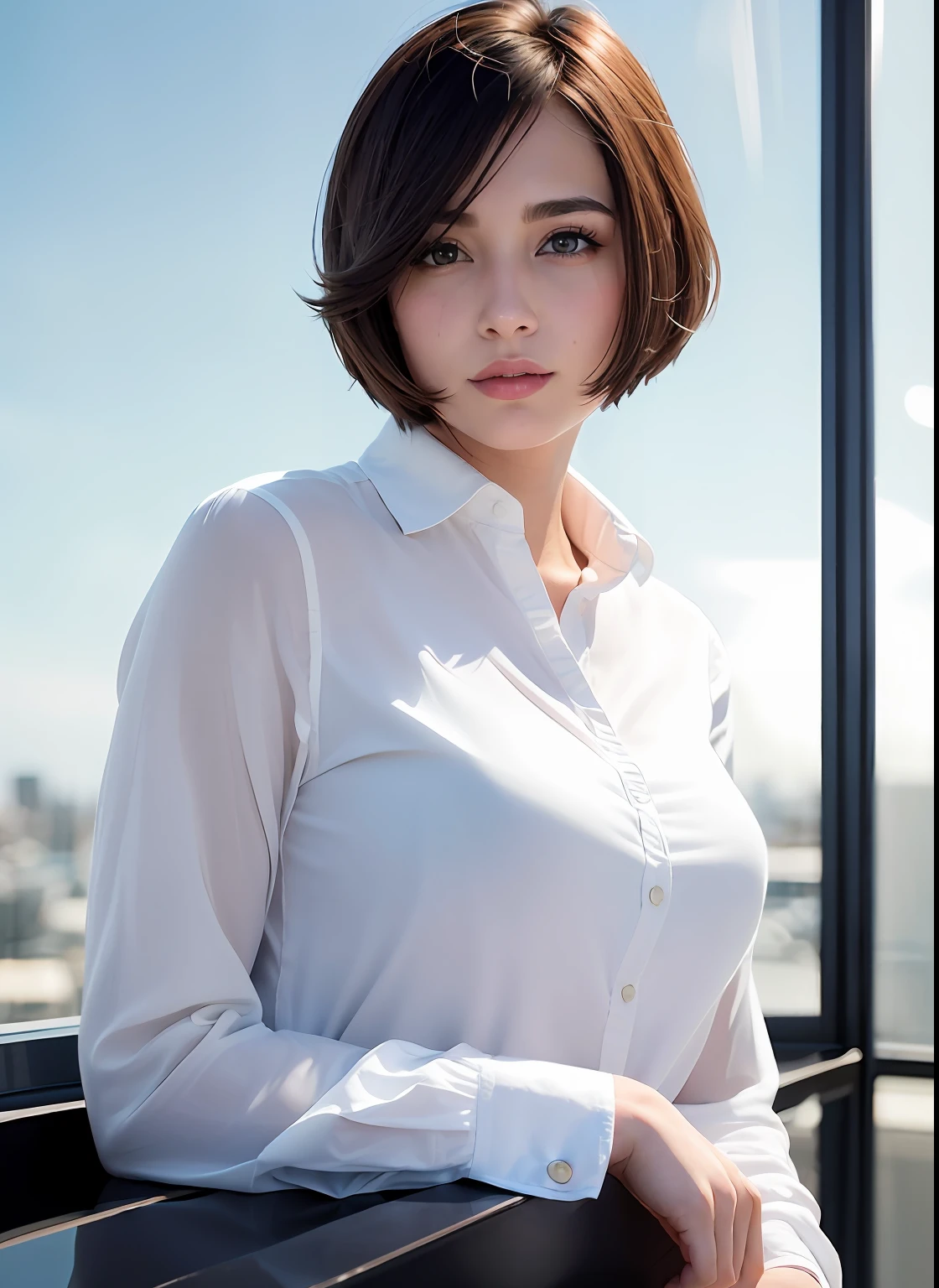 (8k, best quality, masterpiece:1.2), (realistic, photo-realistic:1.37), ultra-detailed, 1 girl,cute, solo,beautiful detailed sky, detailed cafe, night,sitting,dating,(nose blush),(smile:1.15),(closed mouth) medium breasts, beautiful detailed eyes,(collared shirt:1.1), night, wet,business attire, rain,white lace, (short hair:1.2),floating hair NovaFrogStyle,