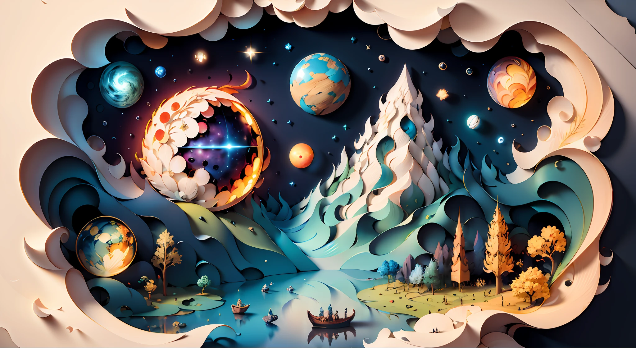 (((masterpiece))),best quality, illustration, earth, water ,fire, wind , space , paper_cut,