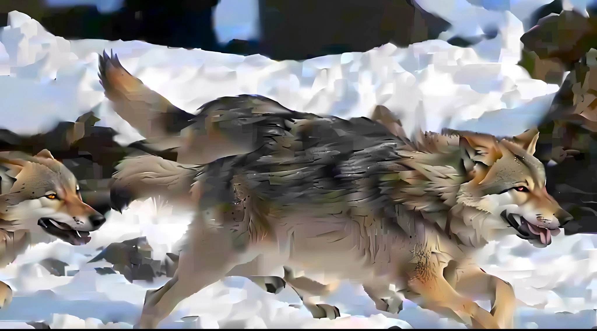 A wolf king with long hair，With your mouth open，Fangs are long，There is a cross-shaped scar on the face，Rushing wildly，Body shape huge，Strong limbs，Blood-colored eyes，Raise your head to the sky