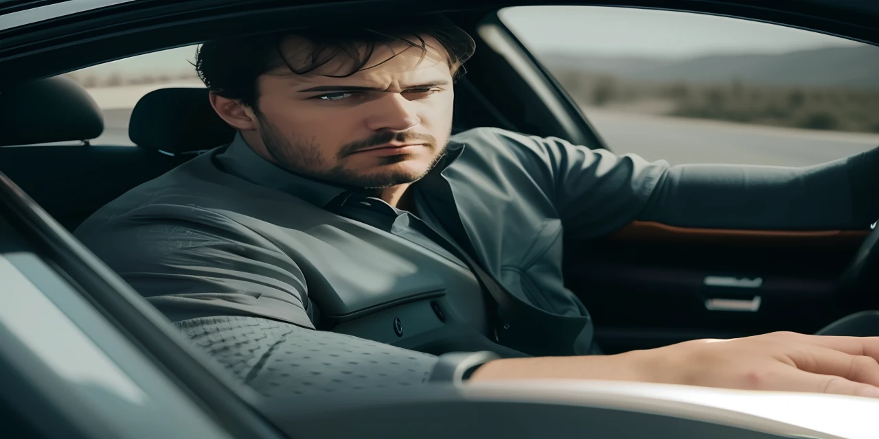 A man sitting inside car, sad face (intricate details) (intricate details, hyperdetailed:1.2), cinematic shot, centered