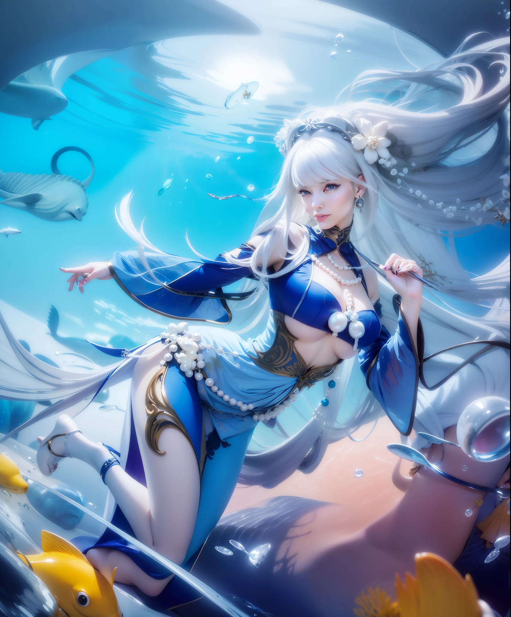 Woman, beautiful face, smile, blue eyes, Sexy blue dress, long white hair with perfect pearl necklace, ultra realistic, photorealistic, masterpiece, detail, Under the sea, perfect face, high heels, Picture perfect, Sharpen