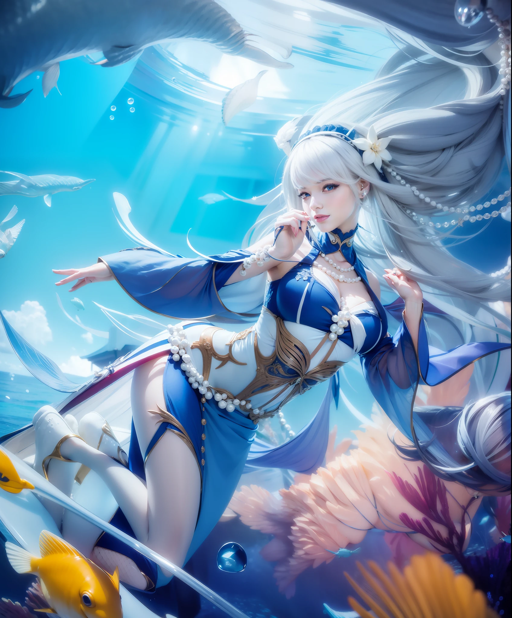 Woman, beautiful face, smile, blue eyes, Sexy blue dress, long white hair with perfect pearl necklace, ultra realistic, photorealistic, masterpiece, detail, Under the sea, perfect face, high heels, Picture perfect, Sharpen