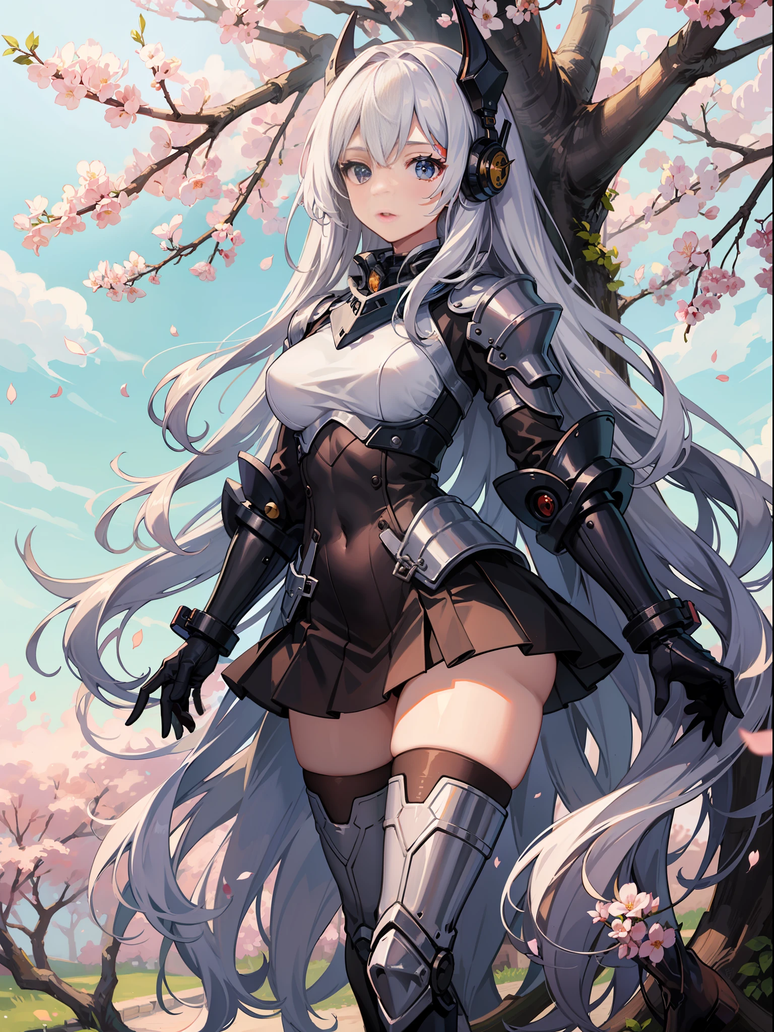 A very good quality,杰作,fantastically detailed,逼真,.A beautiful girl standing casually in front of cherry trees and mechs,centred,a whole body,machine armor,long haired,White miniskirt,clong legs,stilettos,looks at the camera,photographs,White stockings