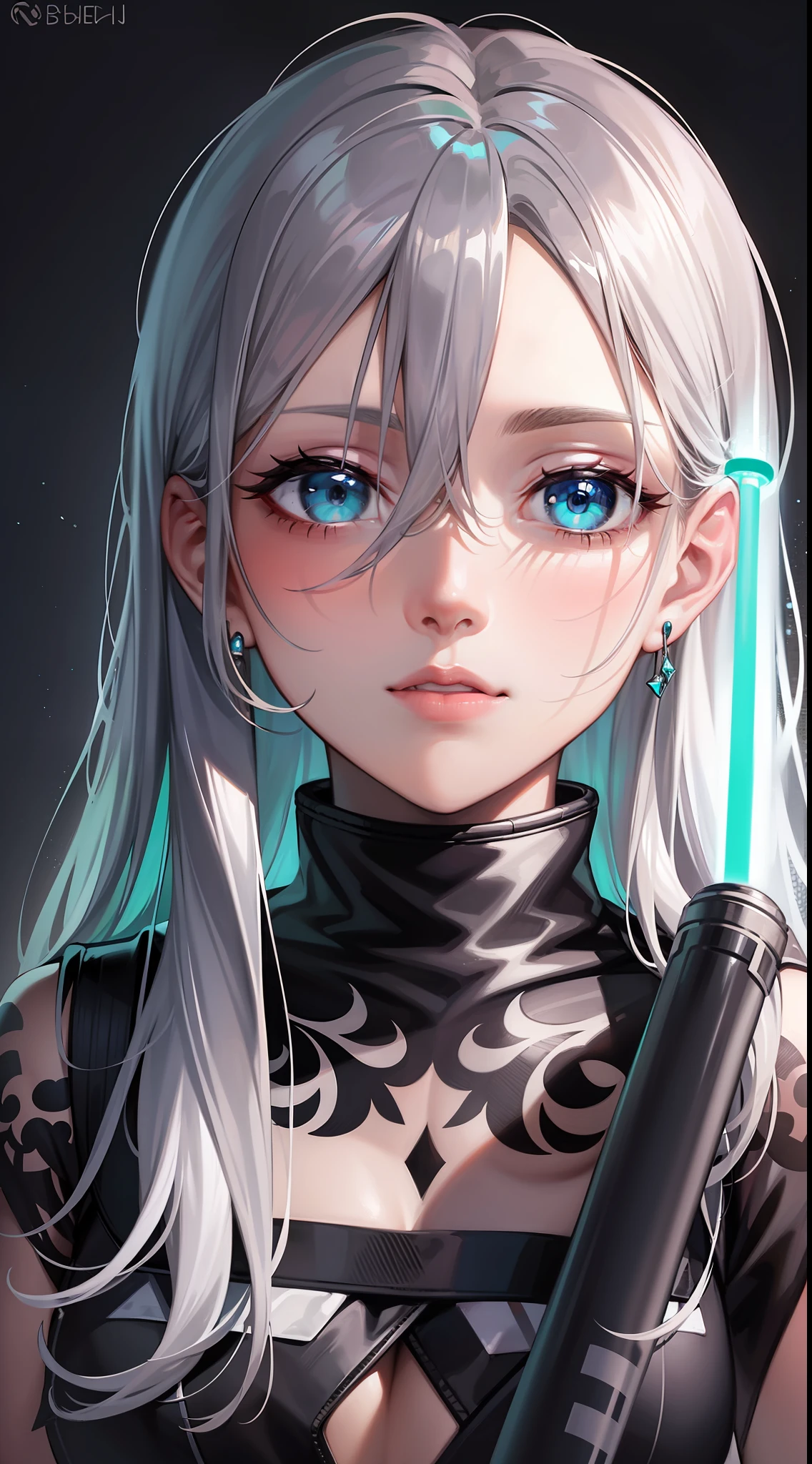 young girl, Long silver hair, turquoise eyes, white tattoos on the face, Rob Jedi, Lightsaber, Masterpiece, hig quality